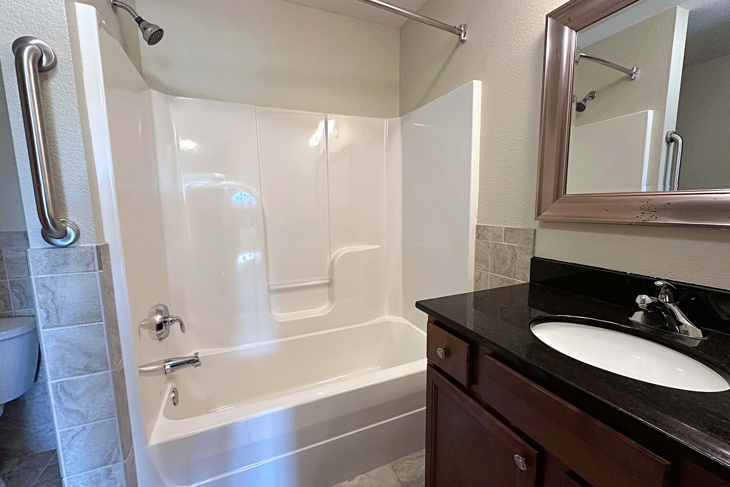 a double sink and large mirror