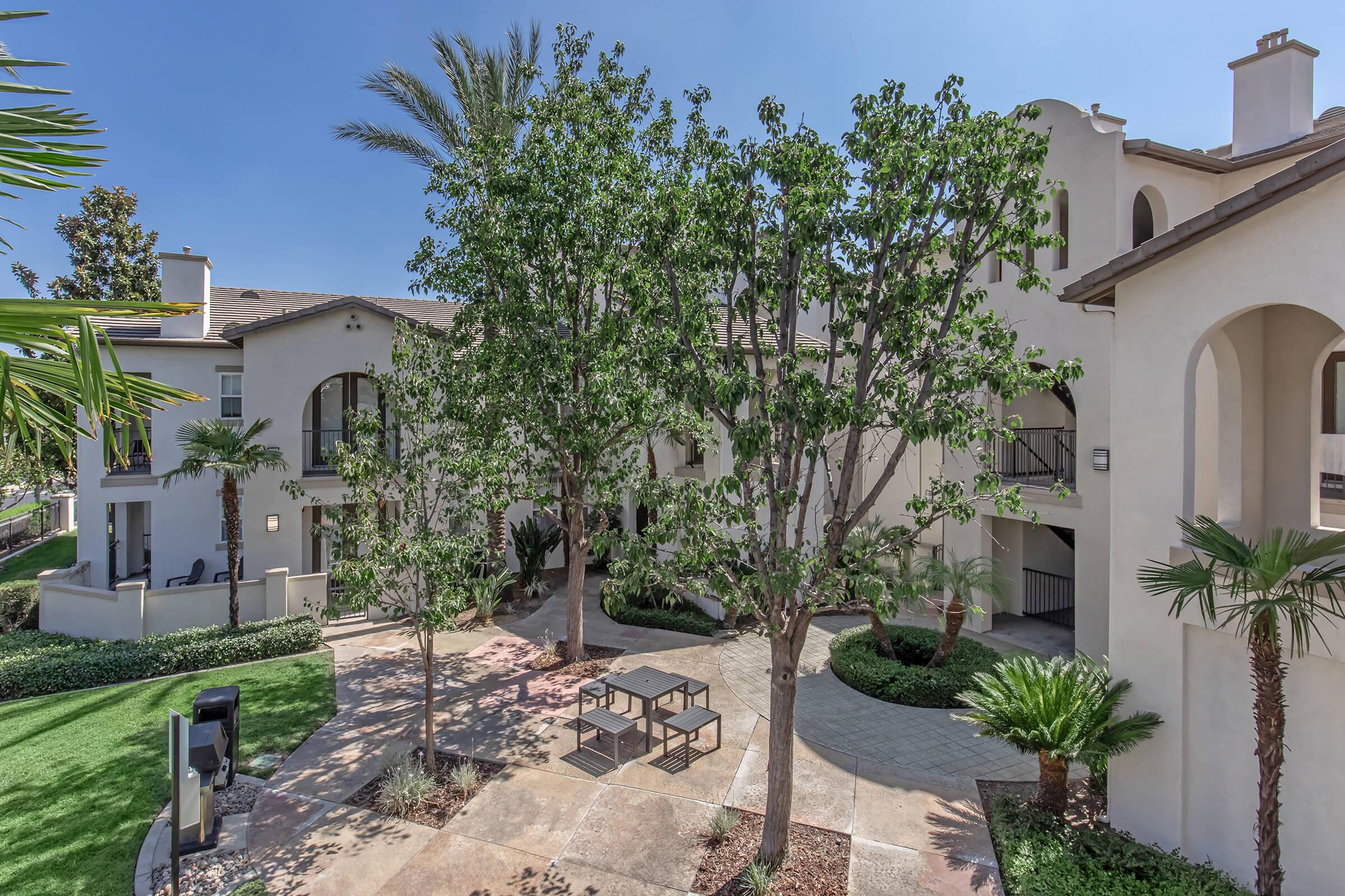 A landscaped courtyard featuring multiple trees, palm plants, and a seating area with a table and chairs. Surrounding buildings display a blend of contemporary architecture with smooth stucco surfaces. The scene is set under a clear blue sky, emphasizing a serene outdoor atmosphere.