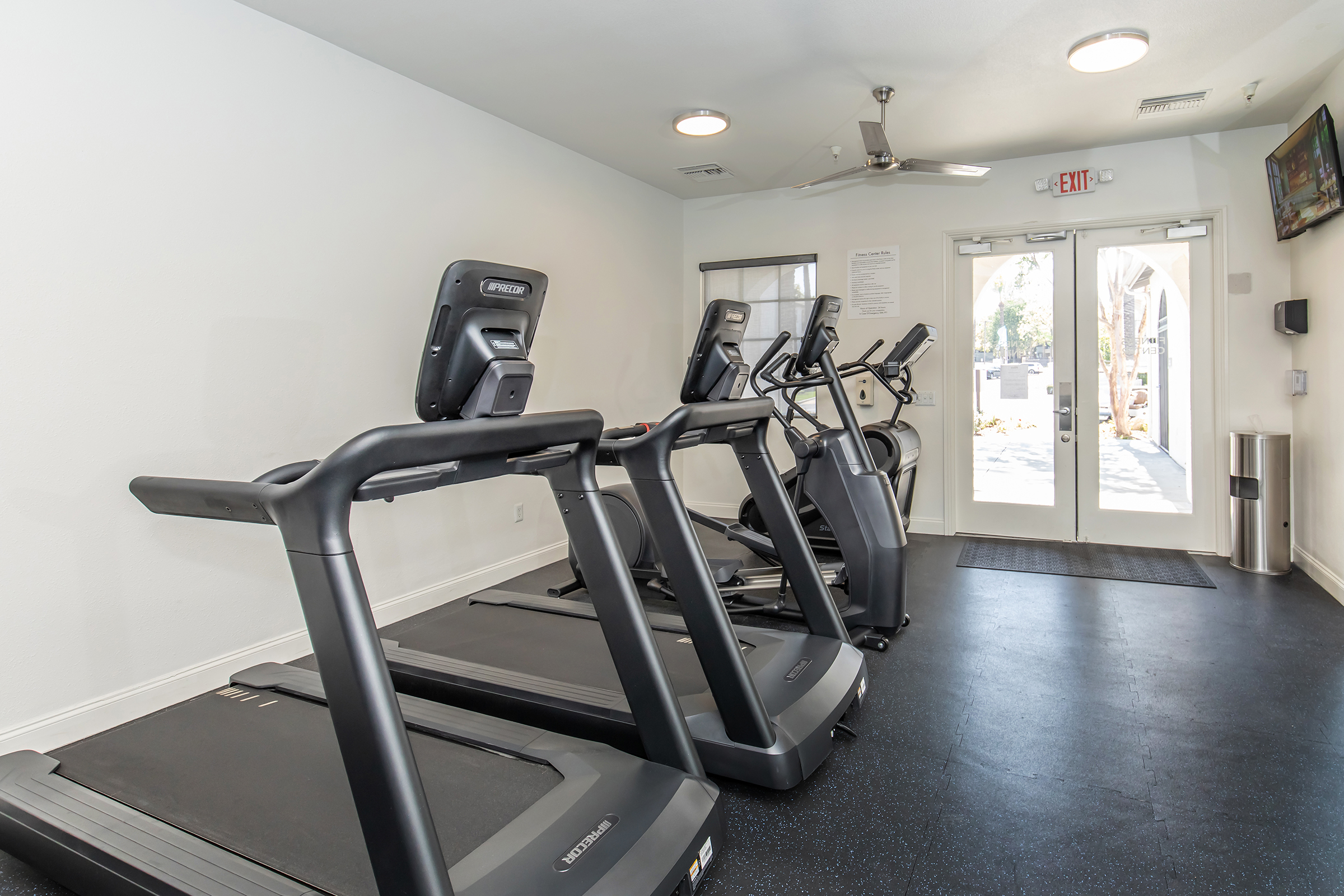 A well-lit gym area featuring three treadmills arranged in a row. The space has light-colored walls and large windows allowing natural light. There are exit doors at the back, a wall-mounted TV, and a small fan on the ceiling, creating an inviting atmosphere for workouts.