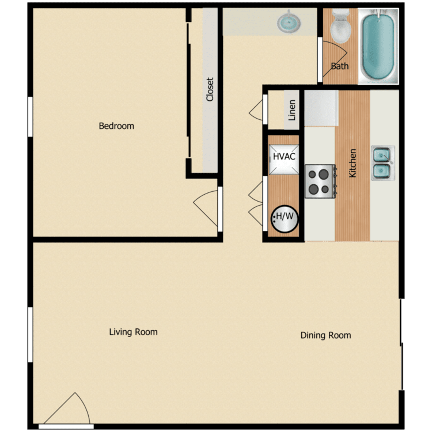 1 Bed 1 Bath B, a 1 bedroom 1 bathroom floor plan.