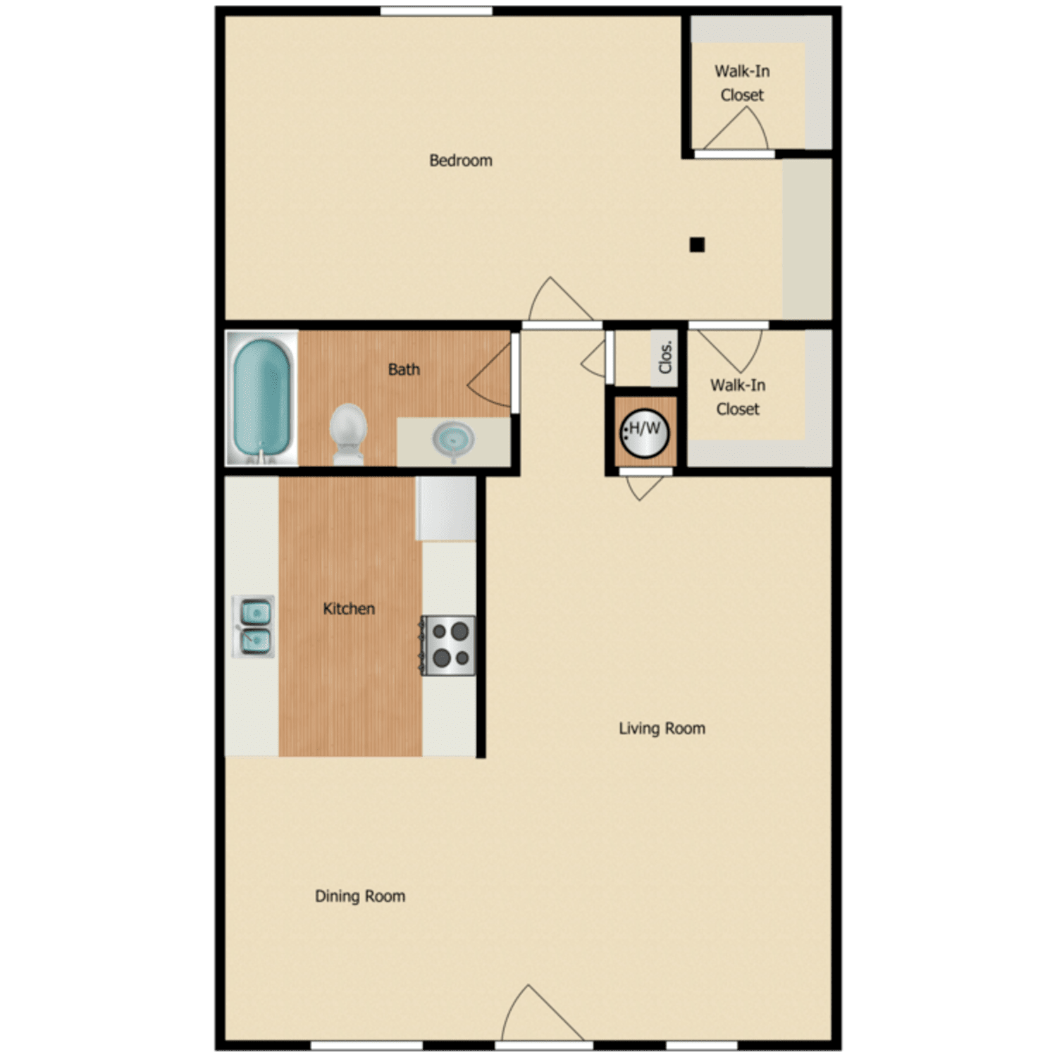 1 Bed 1 Bath A, a 1 bedroom 1 bathroom floor plan.