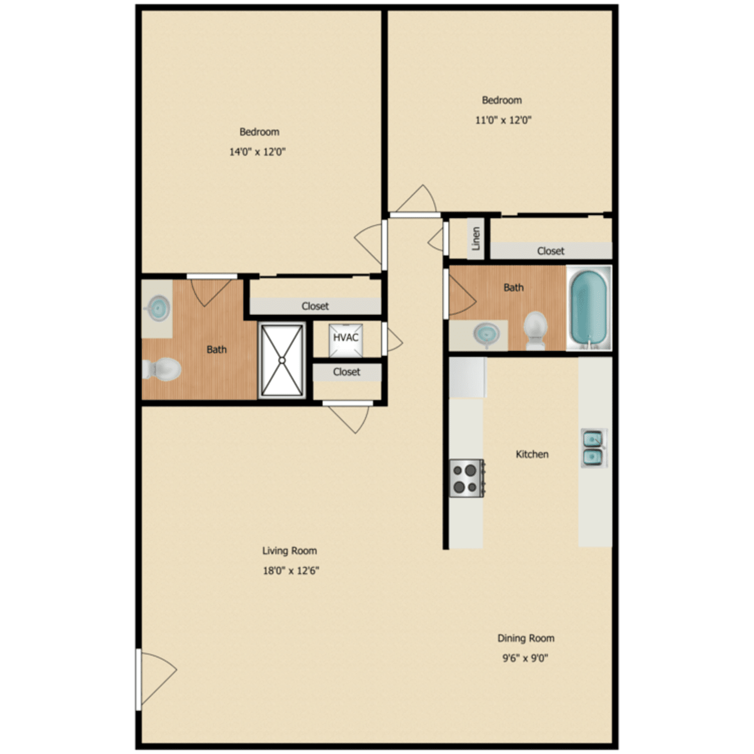 2 Bed 2 Bath, a 2 bedroom 2 bathroom floor plan.