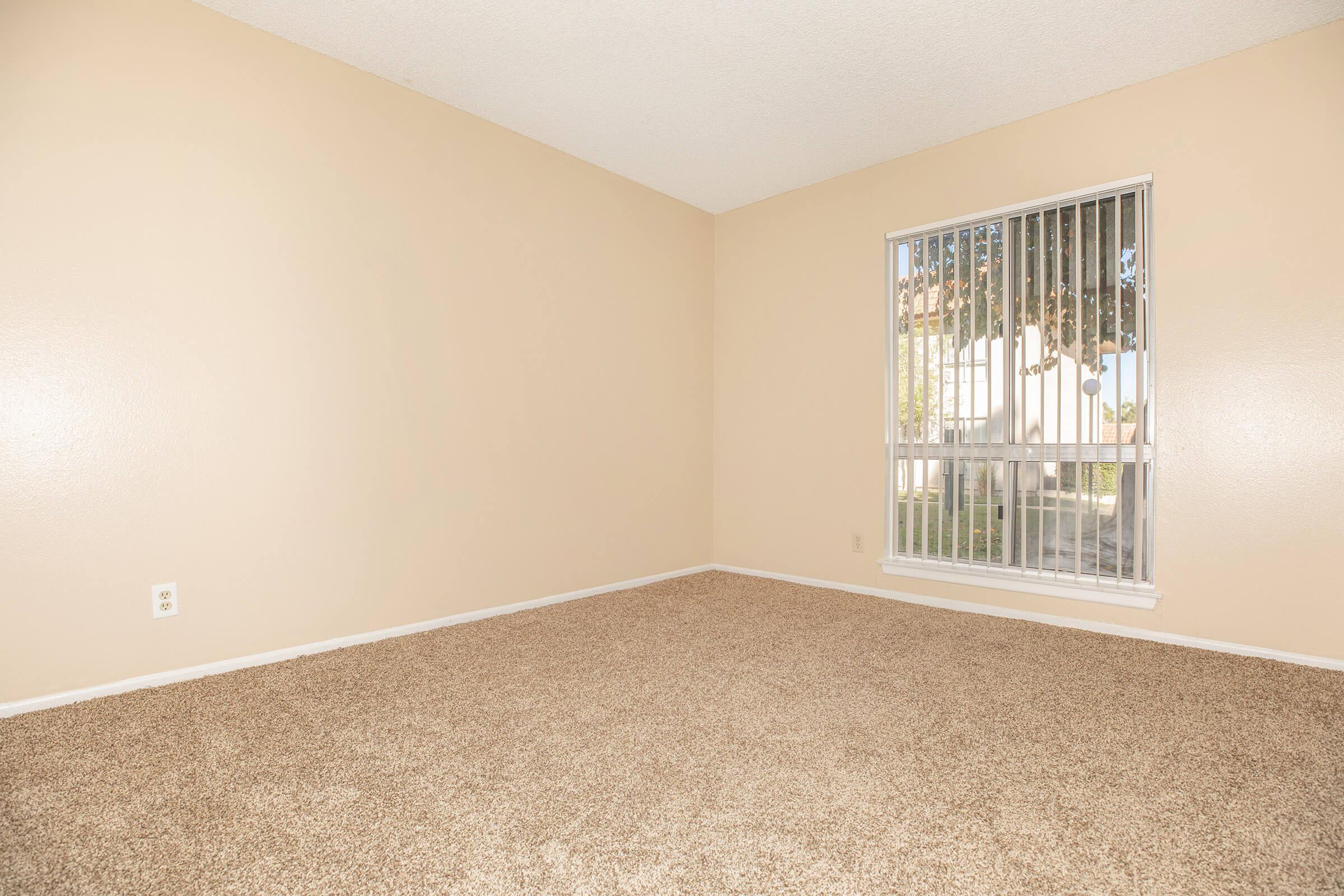 Vacant carpeted bedroom with open window blinds