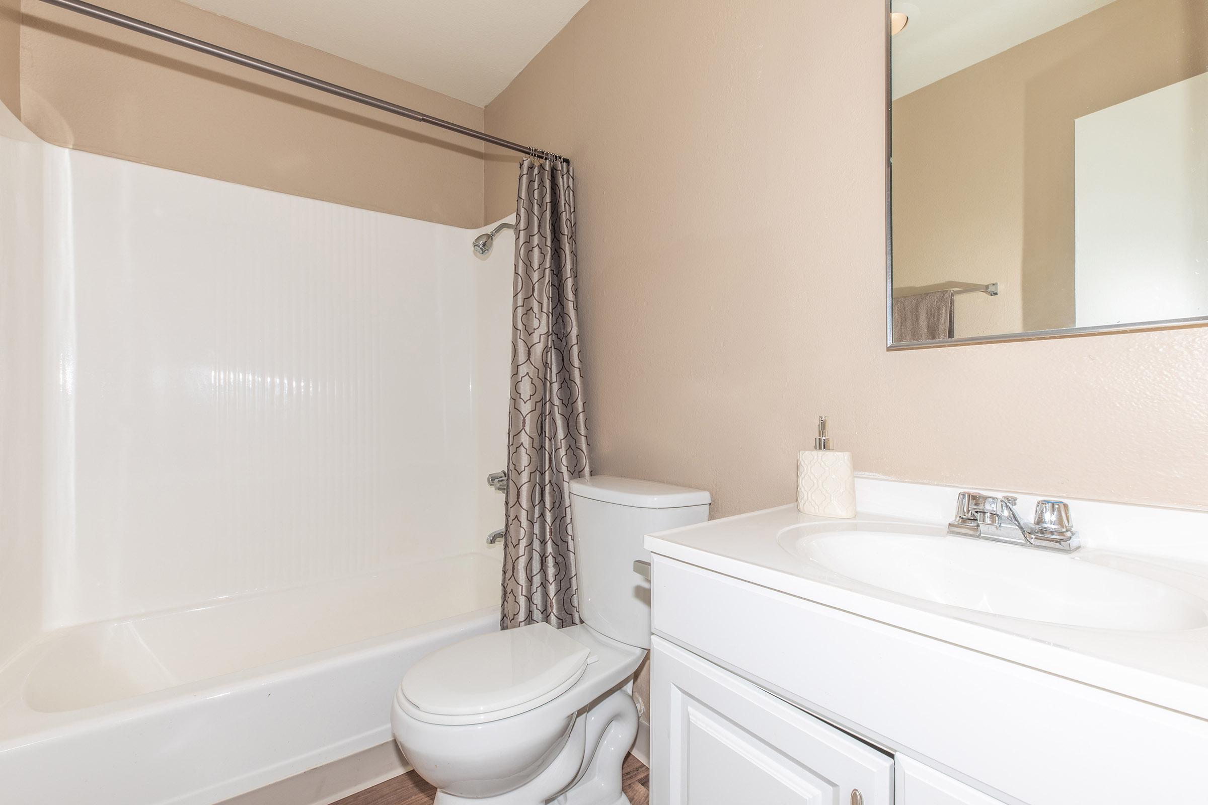 Bathroom with brown shower curtains