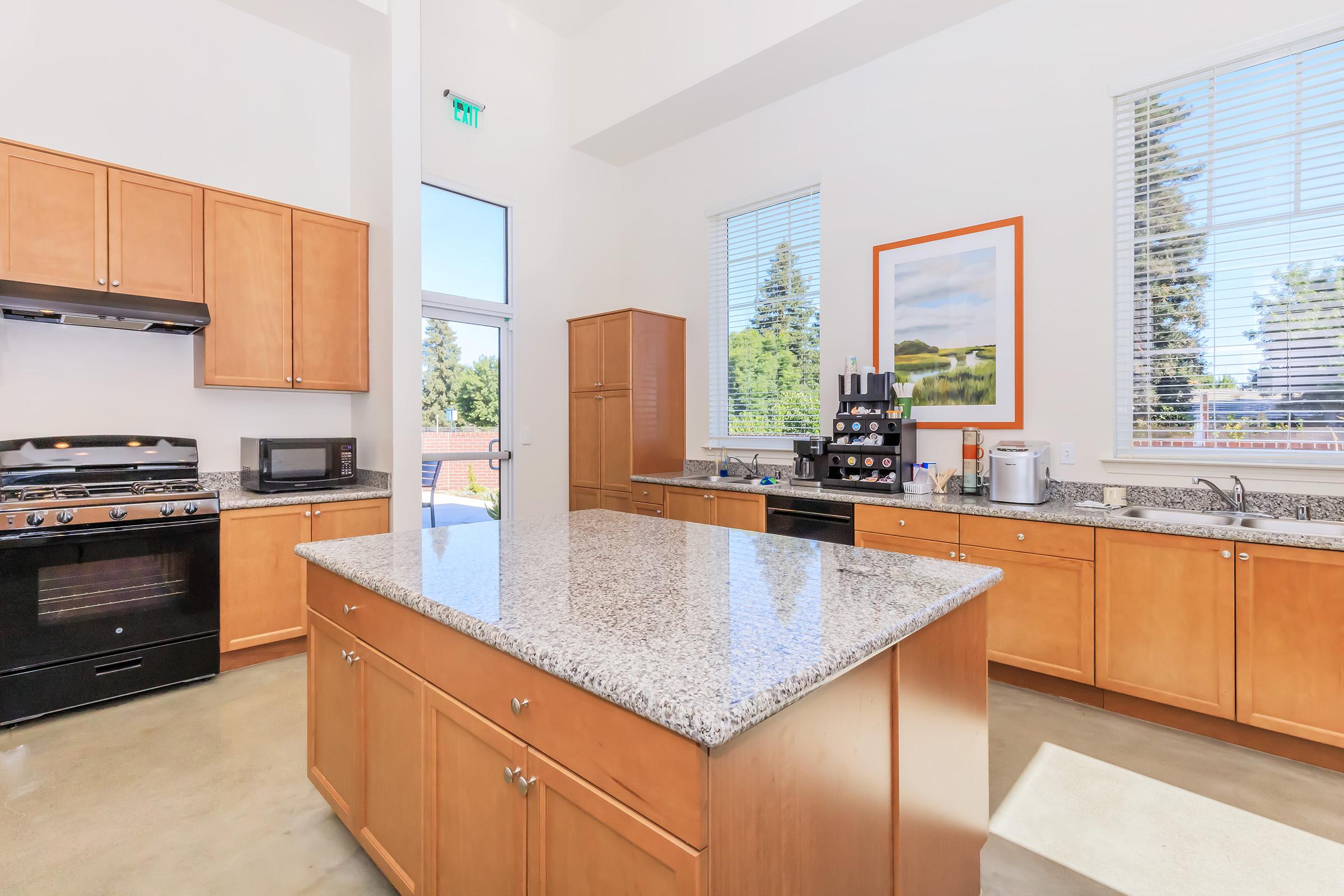 Spacious modern kitchen featuring light wood cabinets, a large granite countertop island, stainless steel appliances including a stove and microwave, and large windows letting in natural light. The room has a clean, minimalist design with a few small appliances and decor.