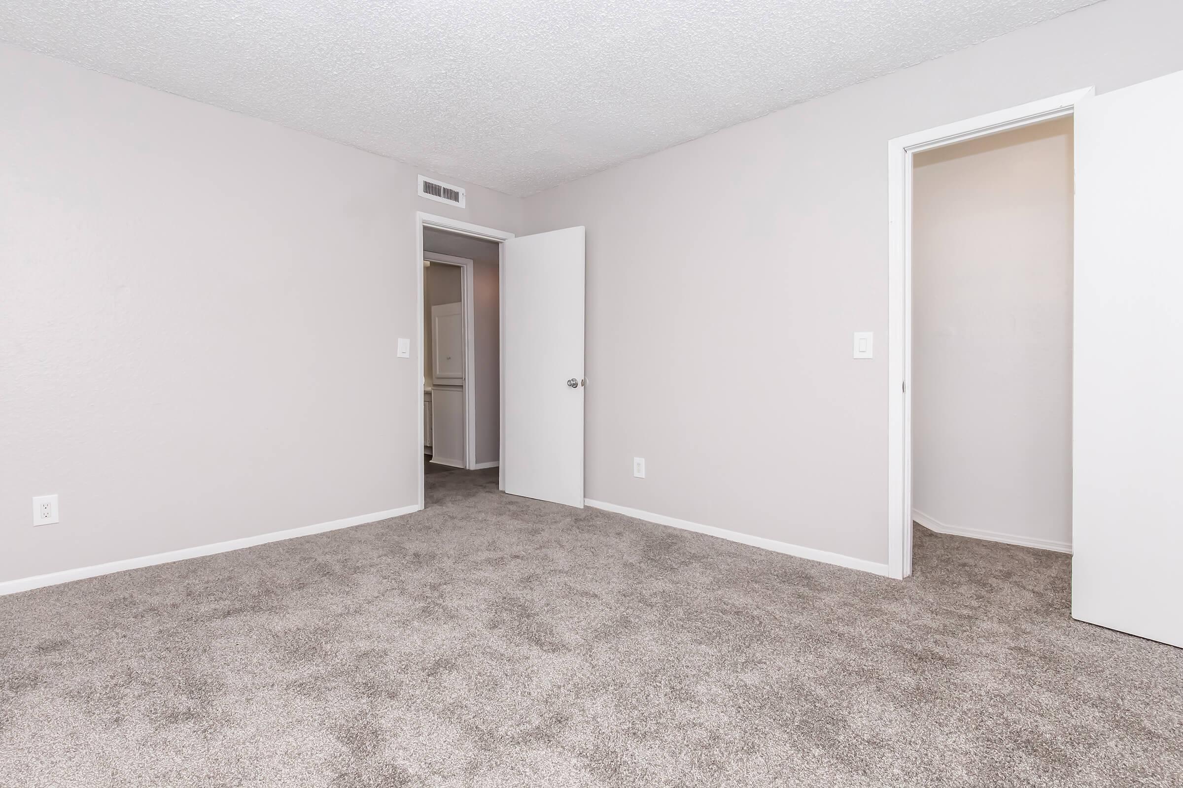 A spacious, empty room with light gray walls and plush carpet flooring. Two doors are visible: one leading to a closet and another to a hallway. The room is well-lit, showcasing a clean and simple aesthetic, ideal for customization.