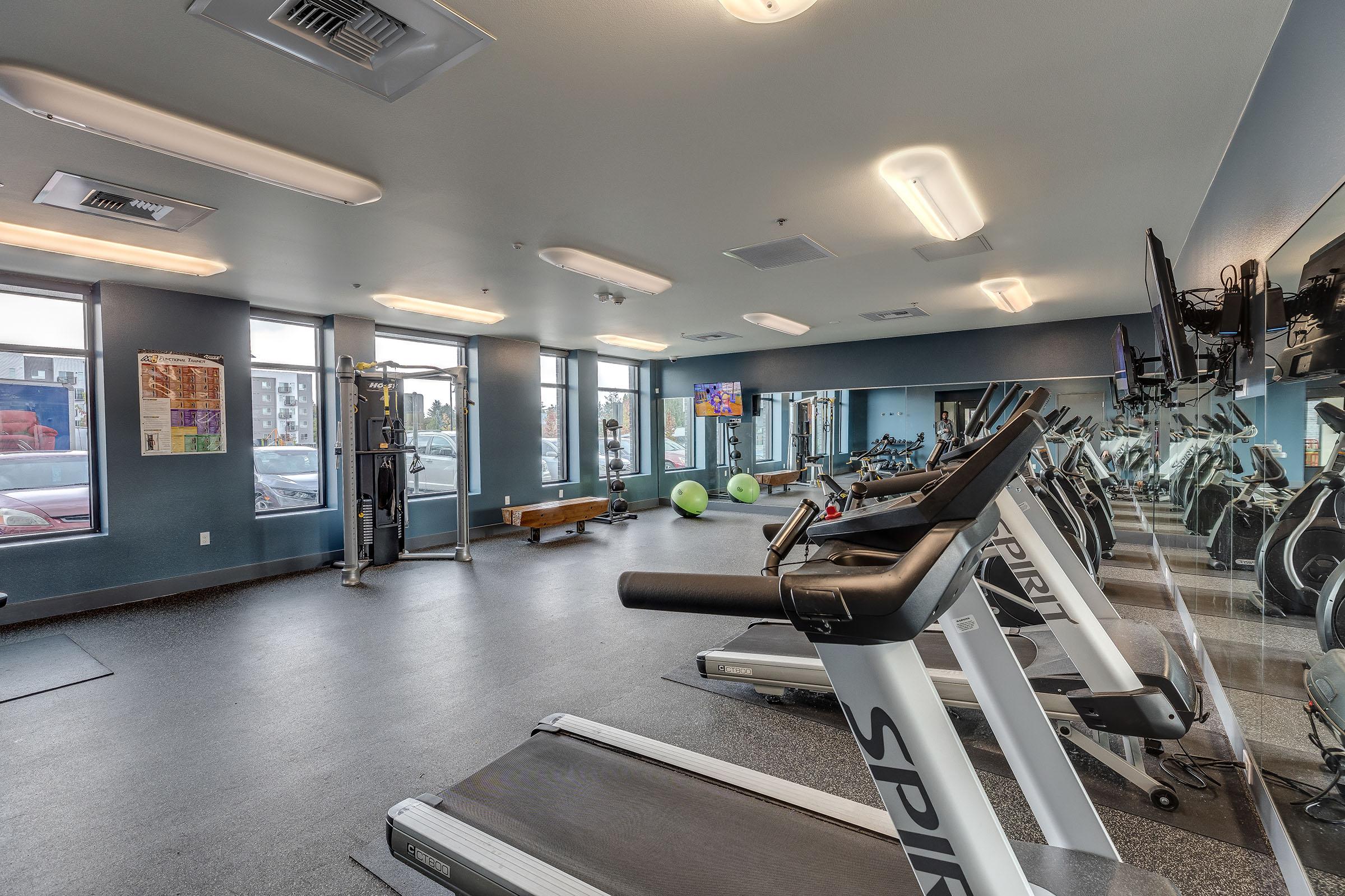 A modern gym interior featuring exercise equipment such as treadmills and weights. Large windows provide natural light, and there are exercise balls in the corner. The walls are painted in a calming color, and mirrors line one side of the room.