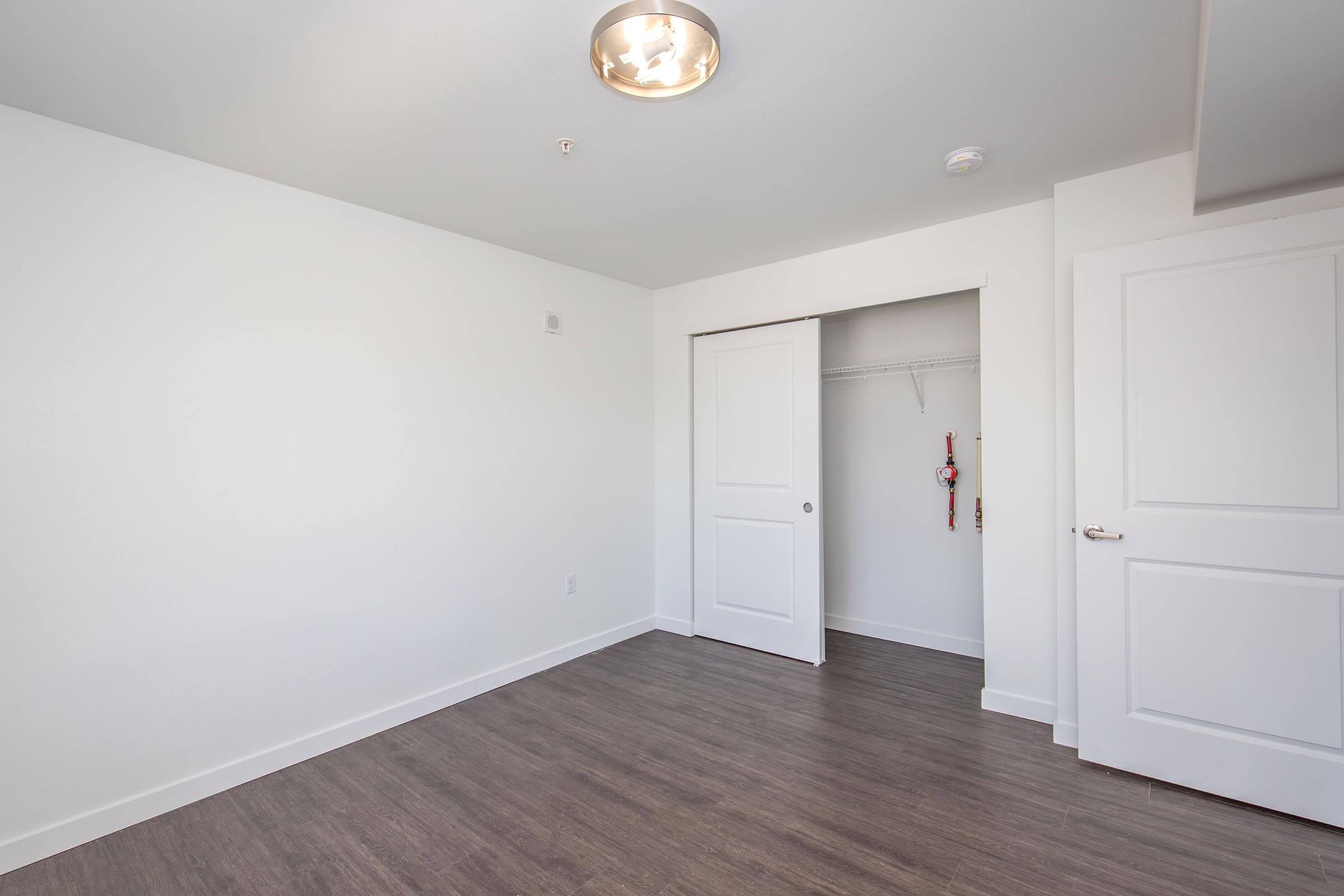 Empty room with white walls and a light grey wooden floor. A ceiling light fixture is visible. There is a closet with sliding doors to the right, and a clothes rod inside. The space is well-lit and minimally furnished, creating a clean and modern appearance.