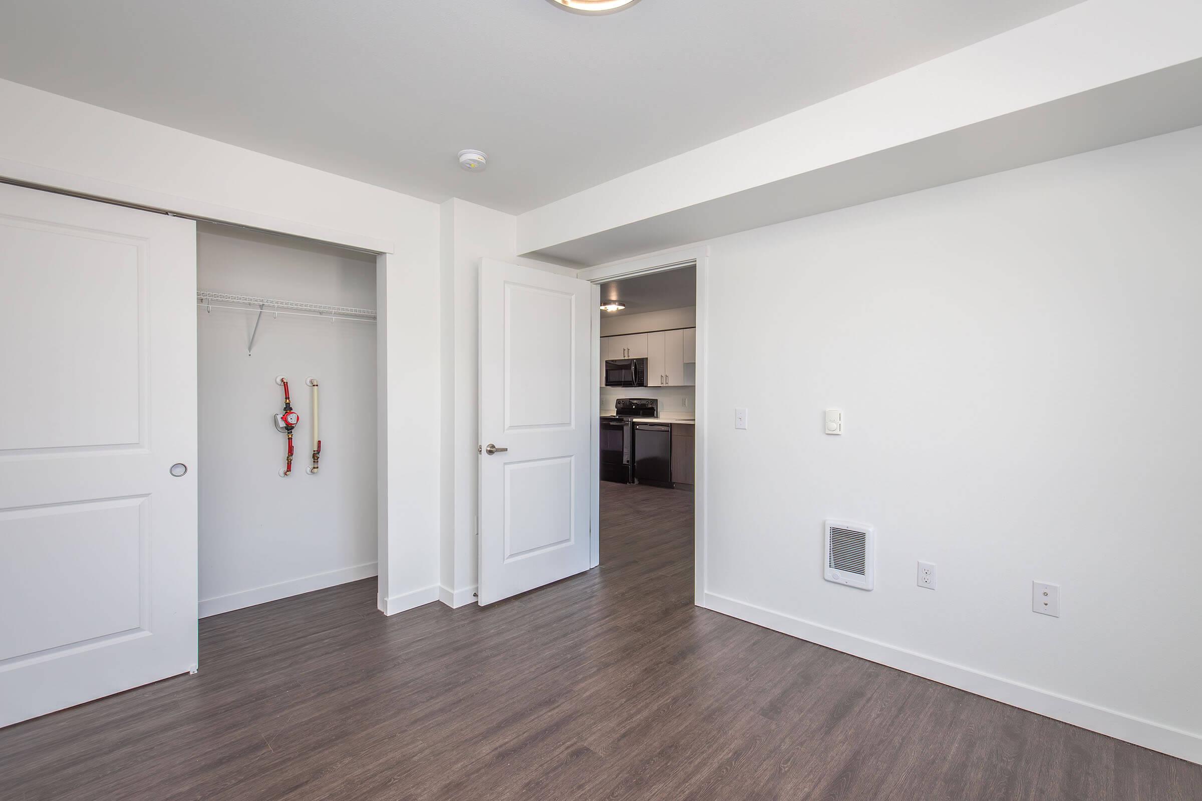 A modern, empty room with light-colored walls and a wood-like laminate floor. One side features double doors leading to a closet, and the opposite side opens into a kitchen area. There are minimal furnishings, creating a spacious and clean aesthetic, suitable for various interior design styles.