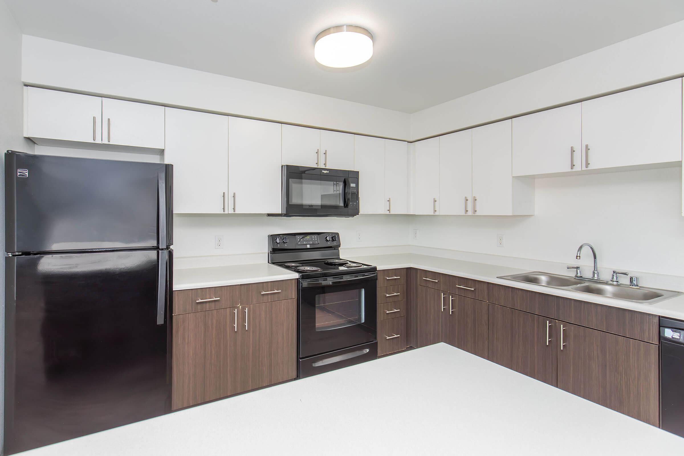 Modern kitchen featuring dark appliances including a refrigerator, microwave, and stove. Light-colored cabinets with sleek hardware provide storage, while a double sink sits below a window. The countertops are white, creating a clean and bright atmosphere.