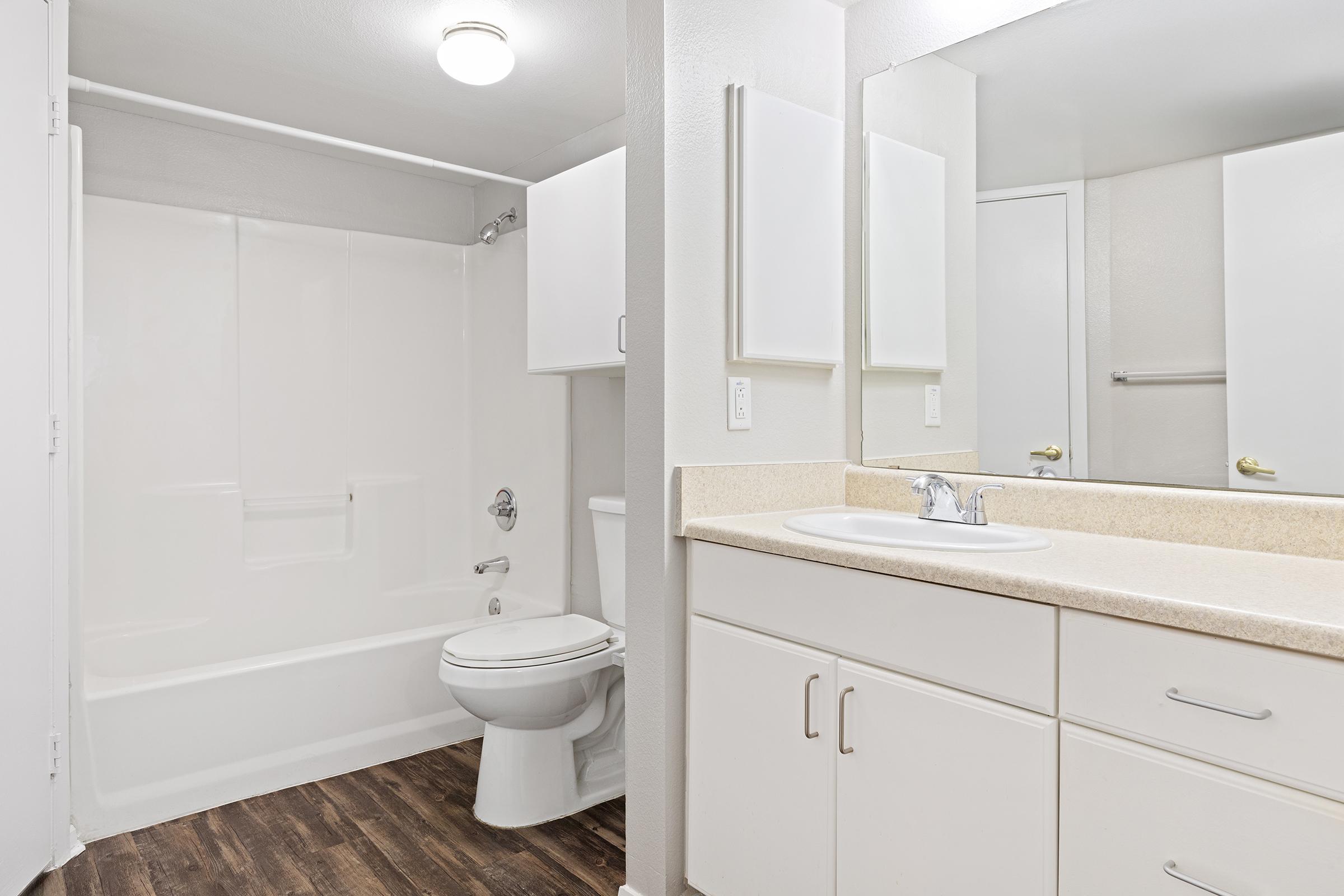 A clean, modern bathroom featuring a white bathtub with a shower, a toilet, and a double sink vanity with light-colored countertops. The walls are painted in a neutral tone, and there are two mirrors above the sink. The floor has a dark wood appearance, creating a contrast with the lighter elements.