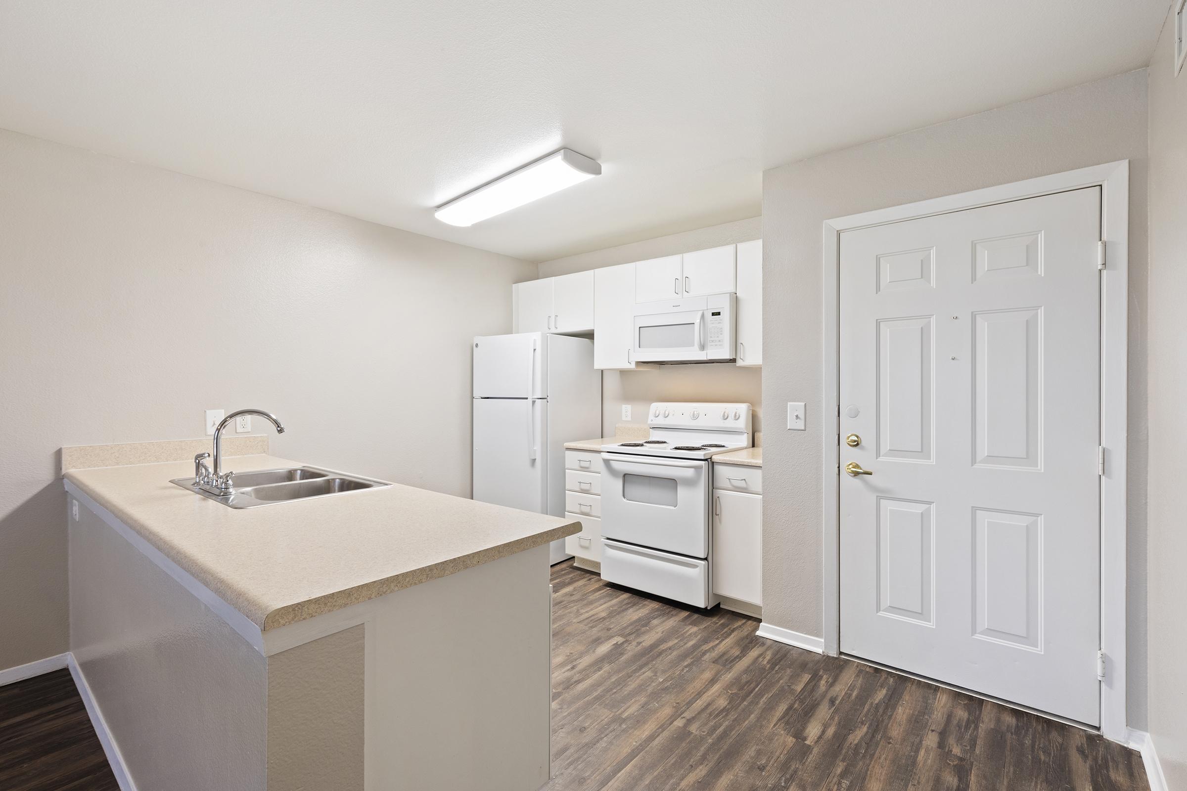 A modern kitchen featuring white cabinetry, a double sink with a faucet, a refrigerator, an oven, and a microwave. The kitchen is well-lit with a ceiling light and has a neutral-colored wall. The entrance door is visible, showcasing a simple and clean layout with wooden flooring.