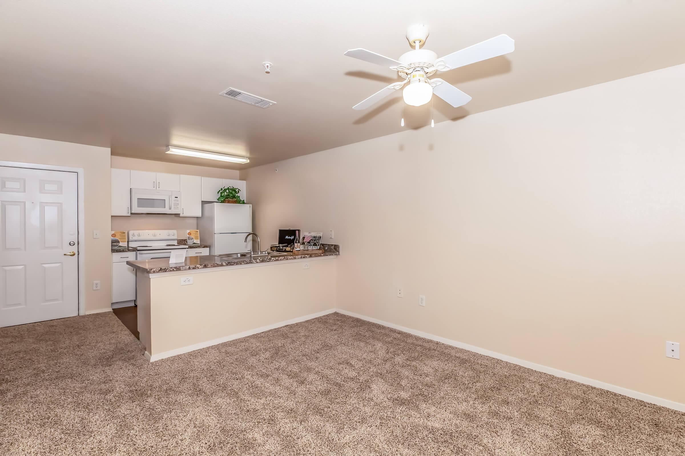 Spacious, clean apartment interior with light-colored walls and a ceiling fan. The kitchen features white appliances, a microwave, and a small countertop. Plush carpet covers the living area floor, with a doorway leading to a bathroom or bedroom. A potted plant adds a touch of greenery.