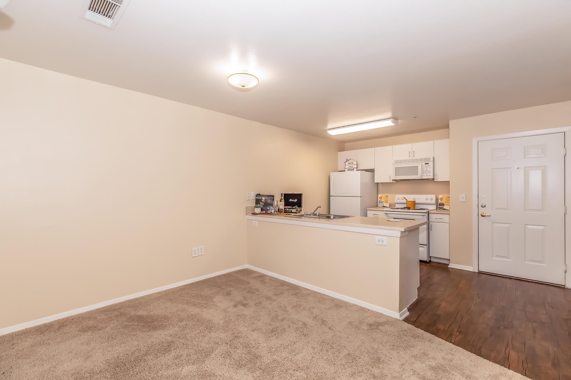 A view of a small apartment interior featuring light-colored walls and carpeted flooring. The kitchen area includes white cabinets, appliances, and a countertop, while a door leads to the entrance. Natural light fills the space, creating a bright and inviting atmosphere.