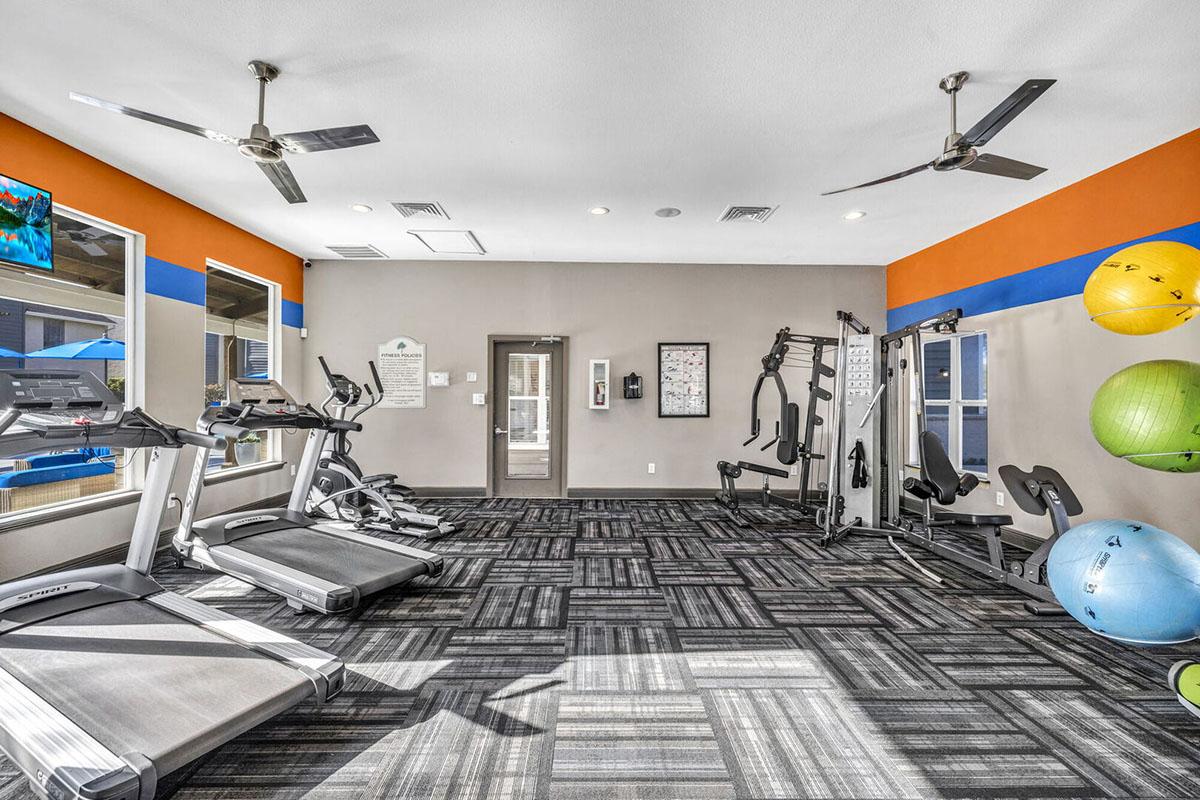 A modern gym interior featuring treadmills, exercise machines, and an area with fitness balls. Natural light enters through large windows, and the walls are painted in neutral colors with blue and orange accents. The flooring is dark with a patterned design, creating an inviting workout space.