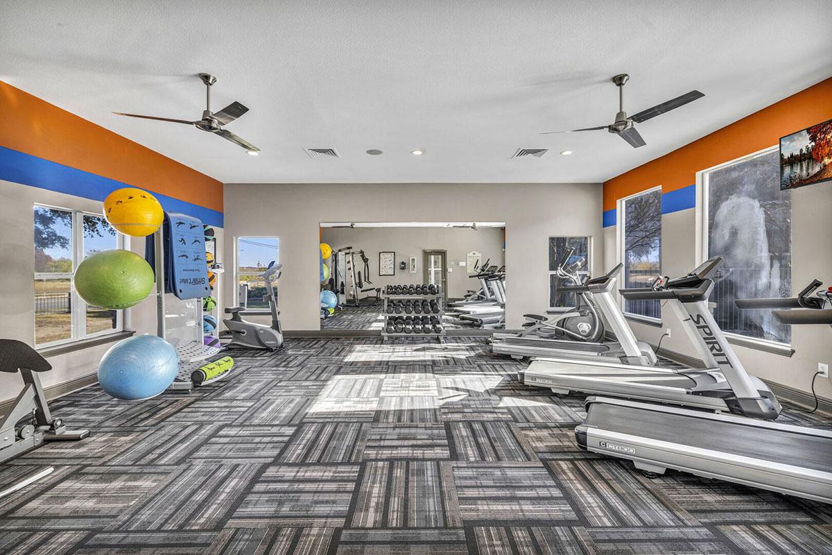 A bright and spacious gym featuring various exercise equipment including treadmills, stationary bikes, and weights. Colorful exercise balls are positioned around the room, with large windows providing ample natural light. The walls are adorned with motivational images and stripes of orange and blue.