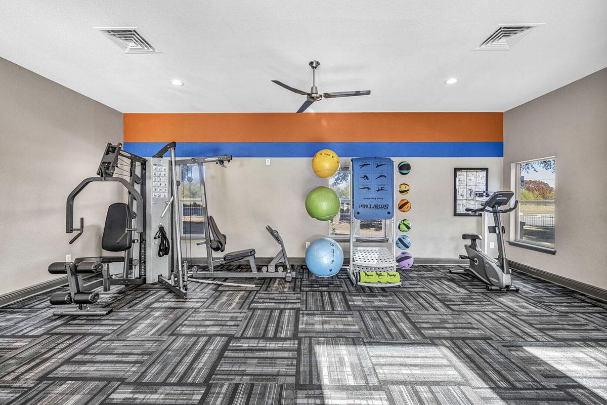 A modern gym interior featuring various fitness equipment, including a multi-gym machine, an exercise bike, and a set of stability balls. The floor has a patterned design, and the walls are painted in neutral tones with an accent color. Large windows provide natural light.