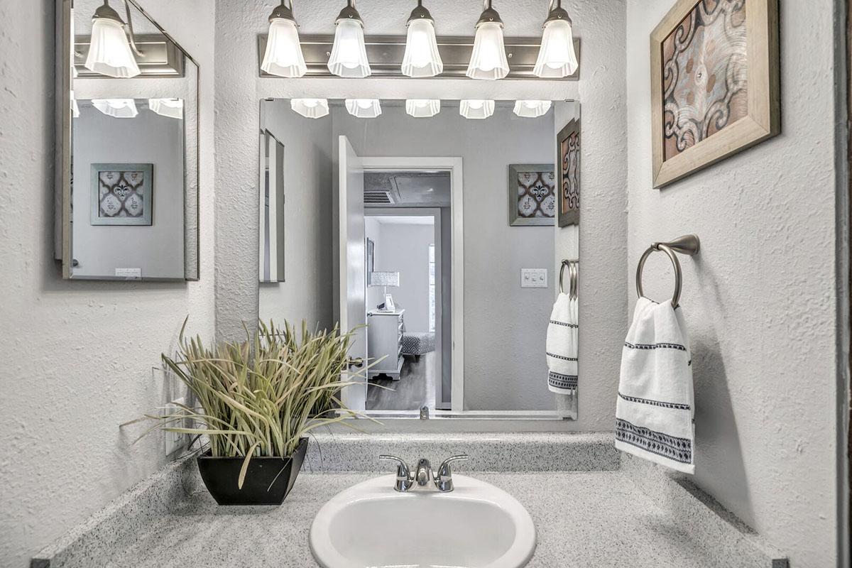 A modern bathroom featuring a granite countertop with a sink, two mirrors above, and a light fixture with five bulbs. A decorative plant sits beside the sink, and there are two towels hanging on a ring. The background shows a glimpse of a well-lit room through an open door.