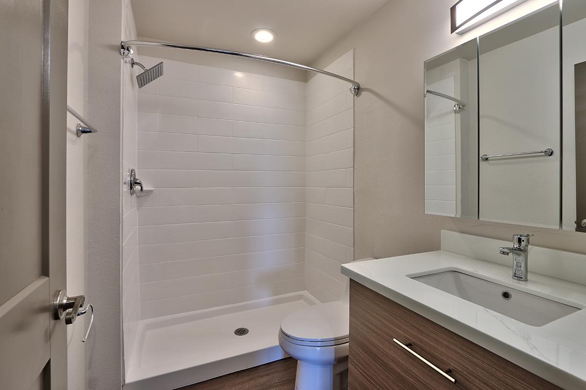 a white sink sitting under a mirror next to a shower