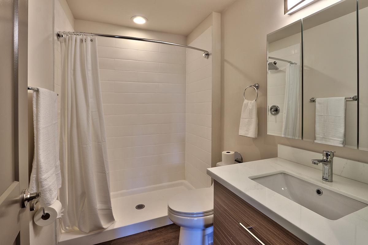 a white sink sitting under a mirror next to a shower