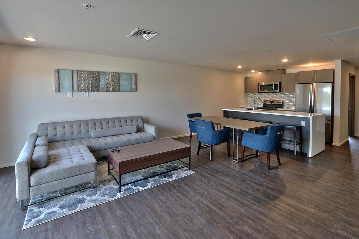 a living room filled with furniture and a wood floor