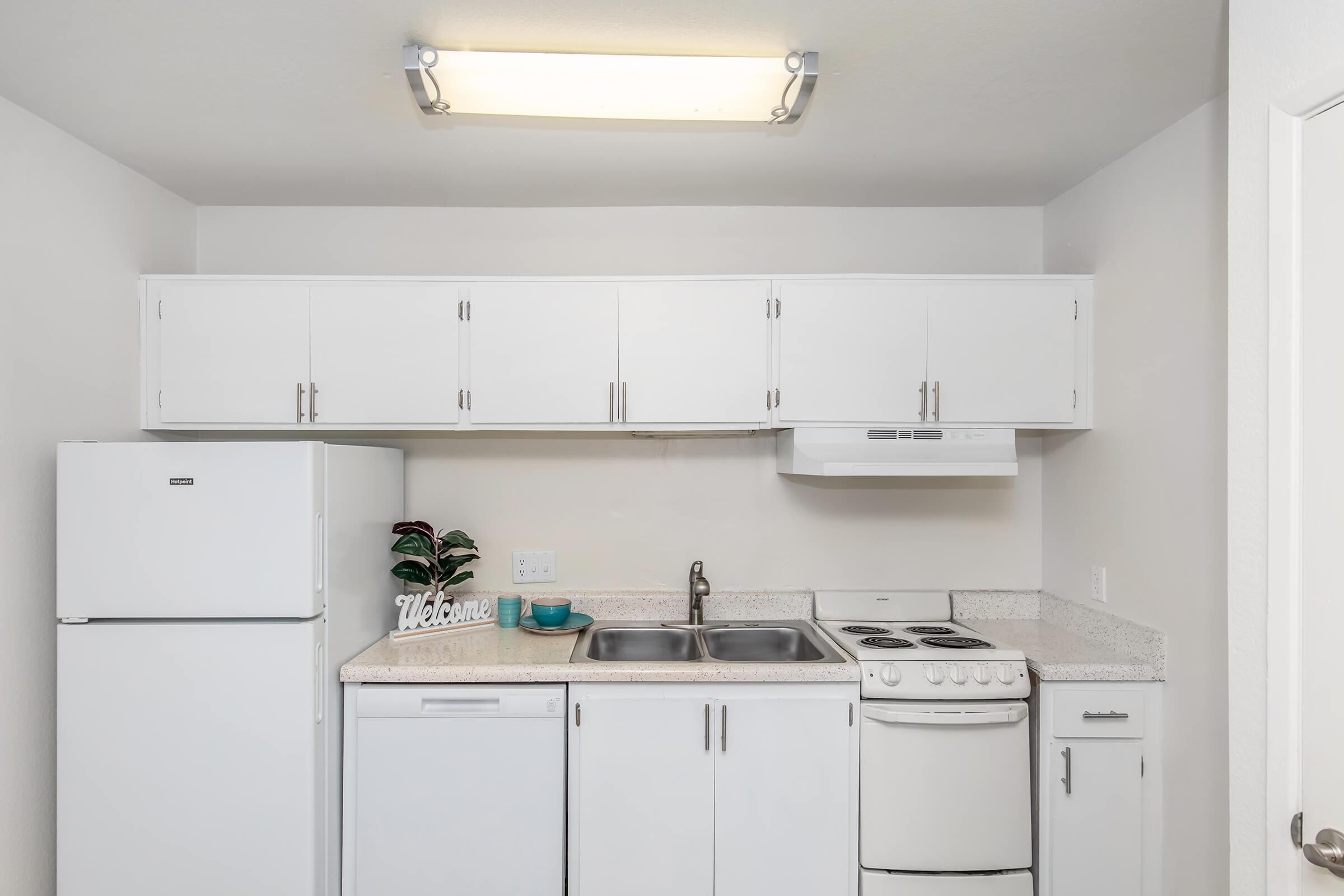 A modern kitchen featuring white cabinetry, a double sink, an electric stove, and a refrigerator. A small decorative plant and a turquoise bowl are on the counter, with a "Welcome" sign displayed. The wall is painted light, and the space is brightened by overhead lighting.