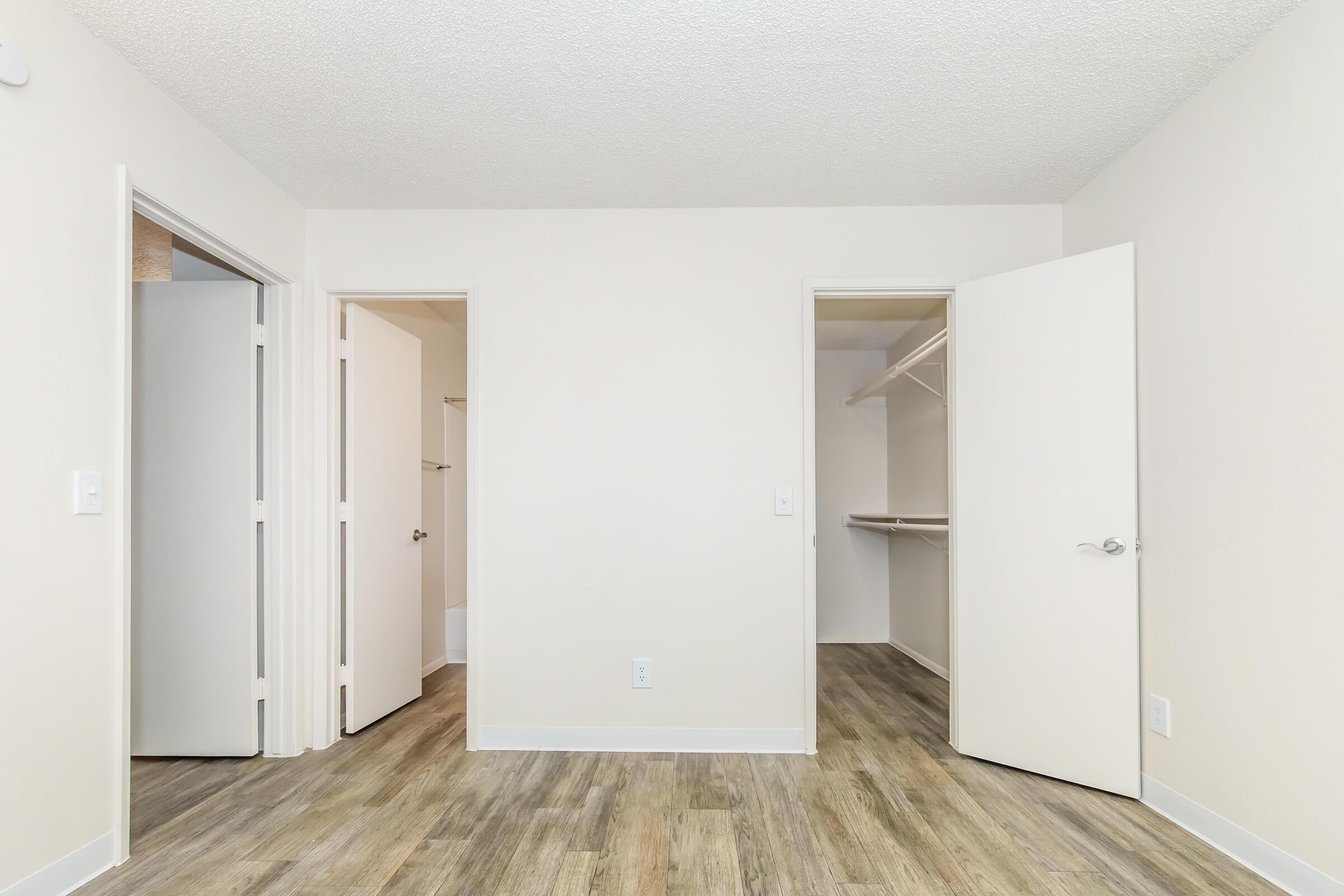 Interior view of a room featuring two open doors, one leading to a closet and the other to a bathroom. The walls are painted light colors, and the floor is covered with wood-like laminate. The space is empty and well-lit, emphasizing a clean, minimalistic design.