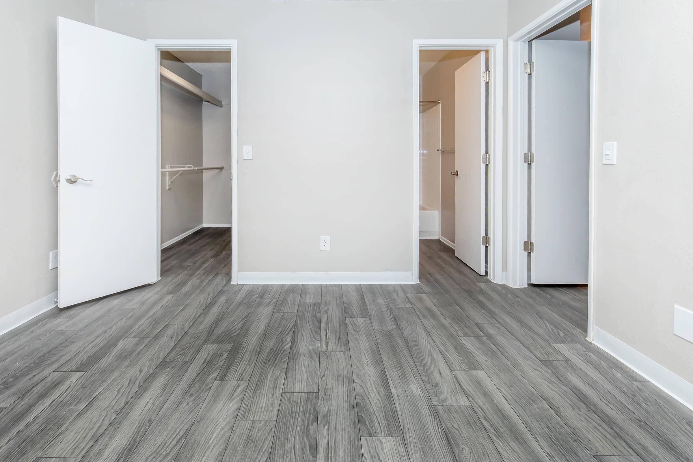 A vacant room featuring gray wood-like flooring. Two open doors lead to adjacent spaces, including a closet. The walls are painted a light color, and there is no furniture in sight, creating a spacious and airy atmosphere.