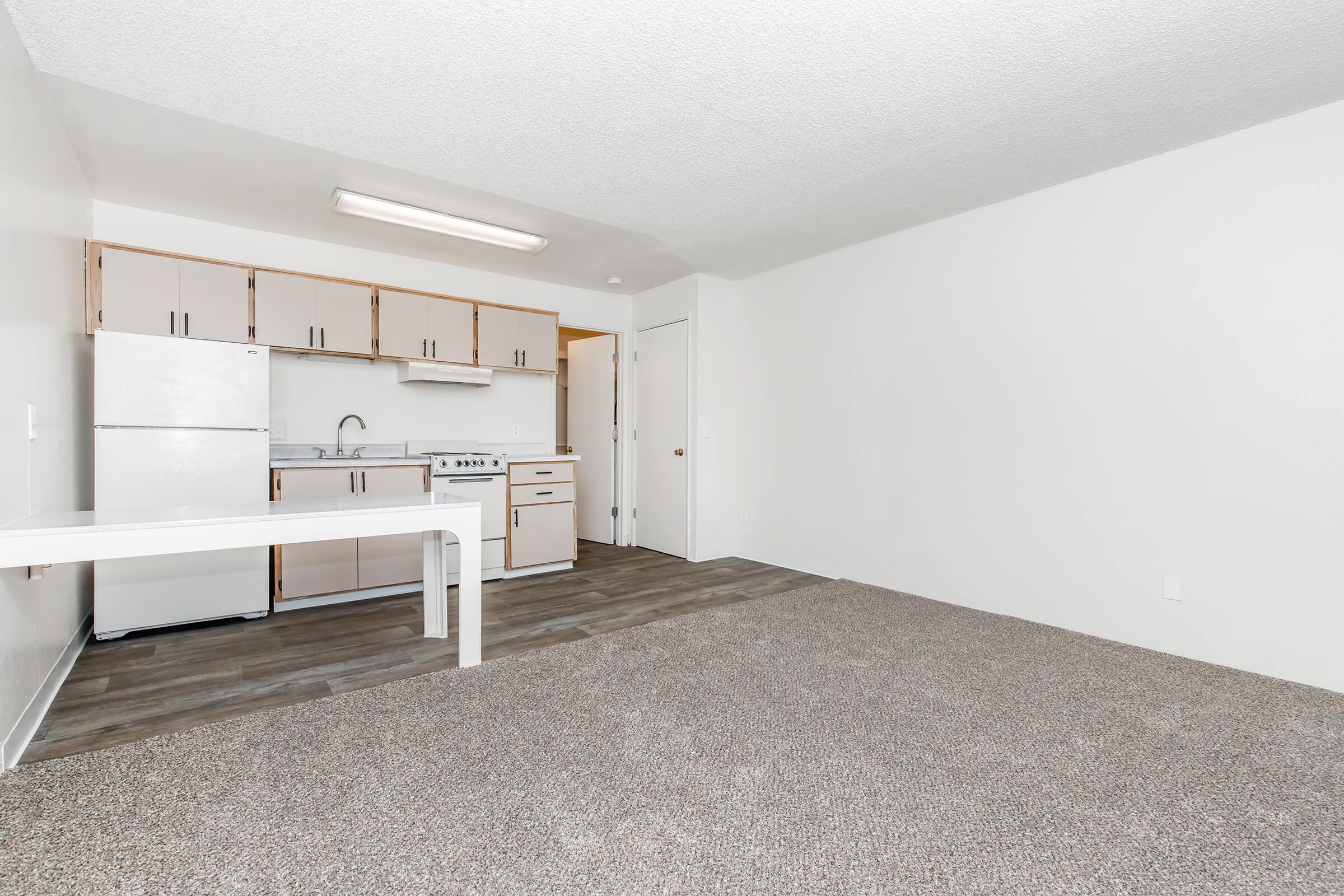 Interior view of a small apartment kitchen and living area. The kitchen features wooden cabinets, a white countertop, a sink, and an oven. The living area has light-colored walls and a carpeted floor. A dining table is visible, and there is a door leading to another room.