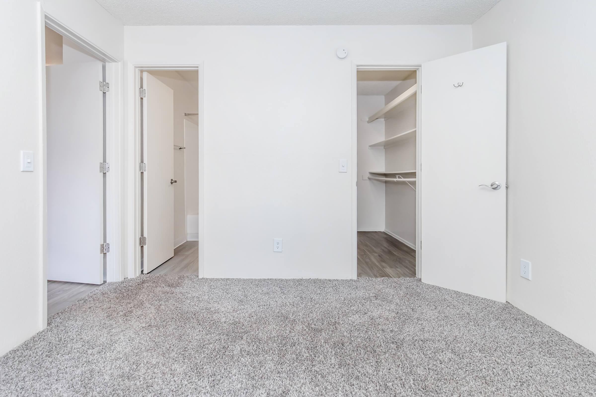 Empty room with light gray carpet and white walls. Two doorways lead to adjacent spaces: one to a closet with shelves and the other to a bathroom. The room is well-lit, with natural light coming in from an unseen source.