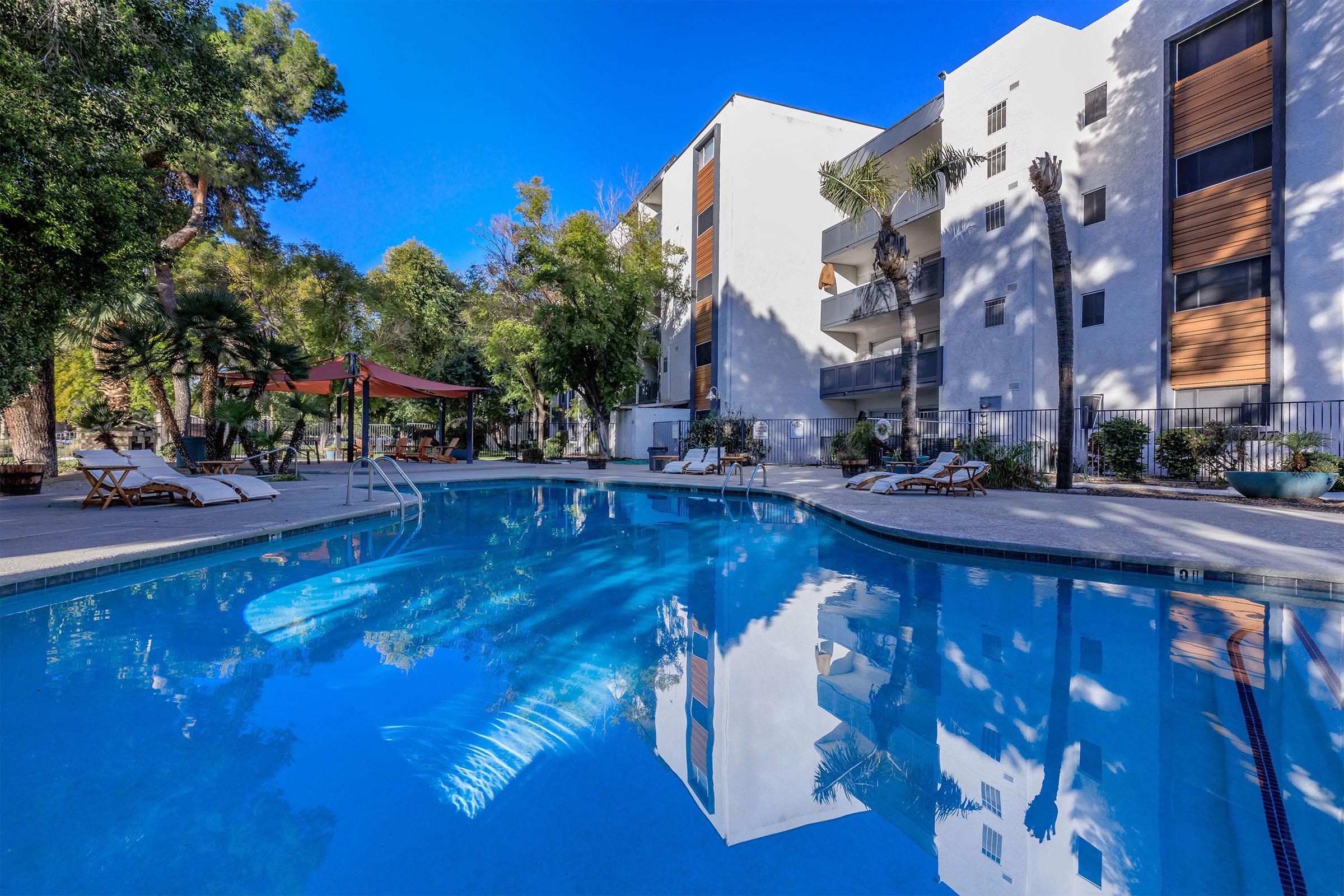 A clear blue swimming pool surrounded by lounge chairs, with palm trees and lush greenery in the background. A modern building is reflected in the water, and the sky is bright and clear.