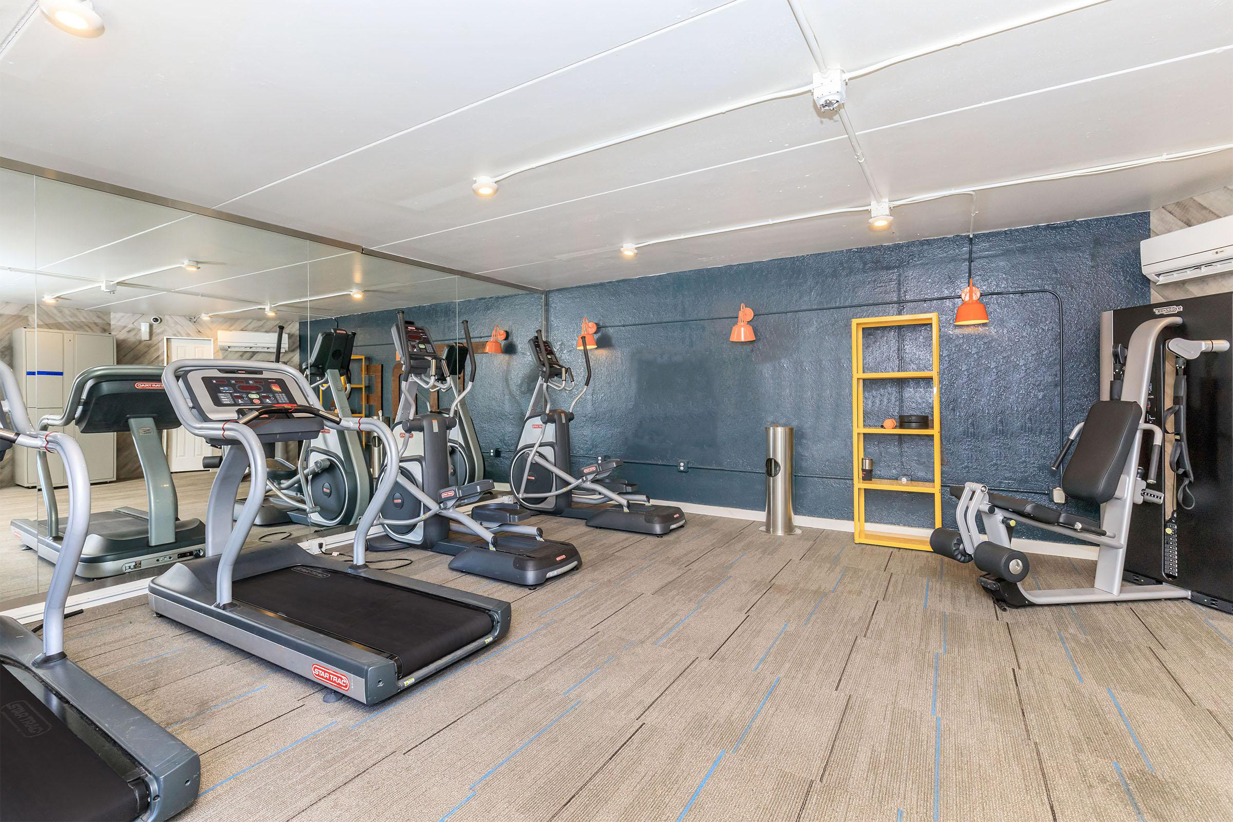 A modern gym interior featuring various exercise equipment, including a treadmill, elliptical machine, and weight machine. The space has a wall of mirrors, blue accent walls, and pendant lighting, creating an inviting workout environment.