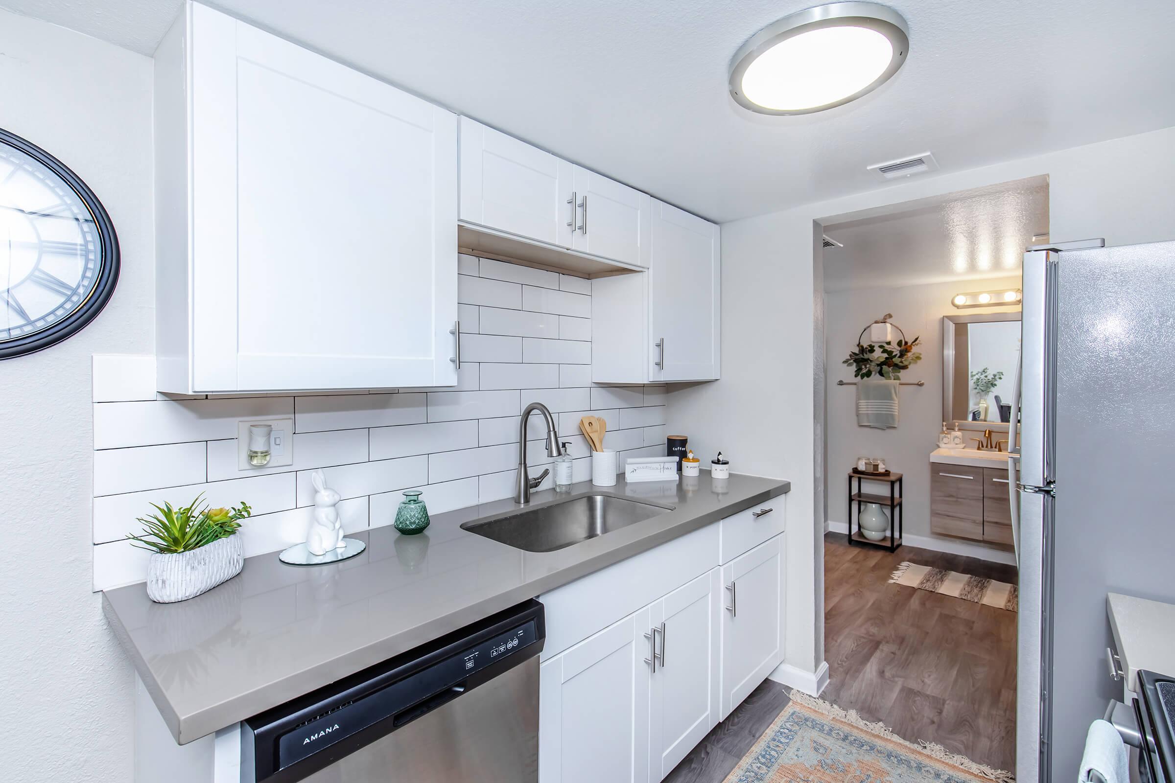 Modern kitchen featuring white cabinets, a stainless steel sink, and a dishwasher. The countertop is a light gray color. A clock is mounted on the wall, and a doorway leads to a bathroom area in the background. The flooring is dark wood, and a small decorative plant is placed on the counter.