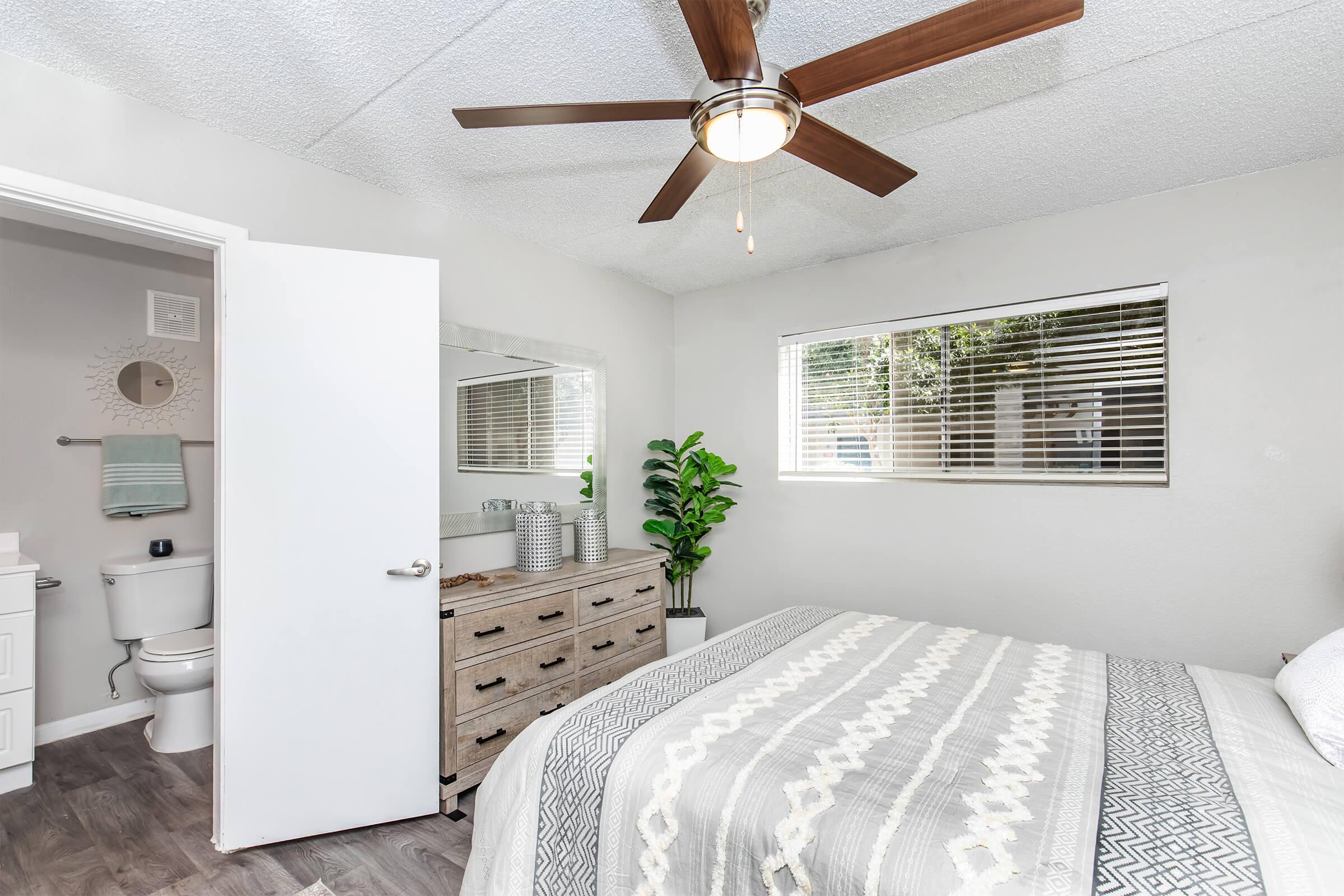 A cozy bedroom featuring a queen bed with a patterned duvet, a wooden dresser with decorative items, a large mirror, a potted plant, and a window allowing natural light. A bathroom door is visible on the left, adding functionality to the space. The ceiling fan provides warmth and comfort.