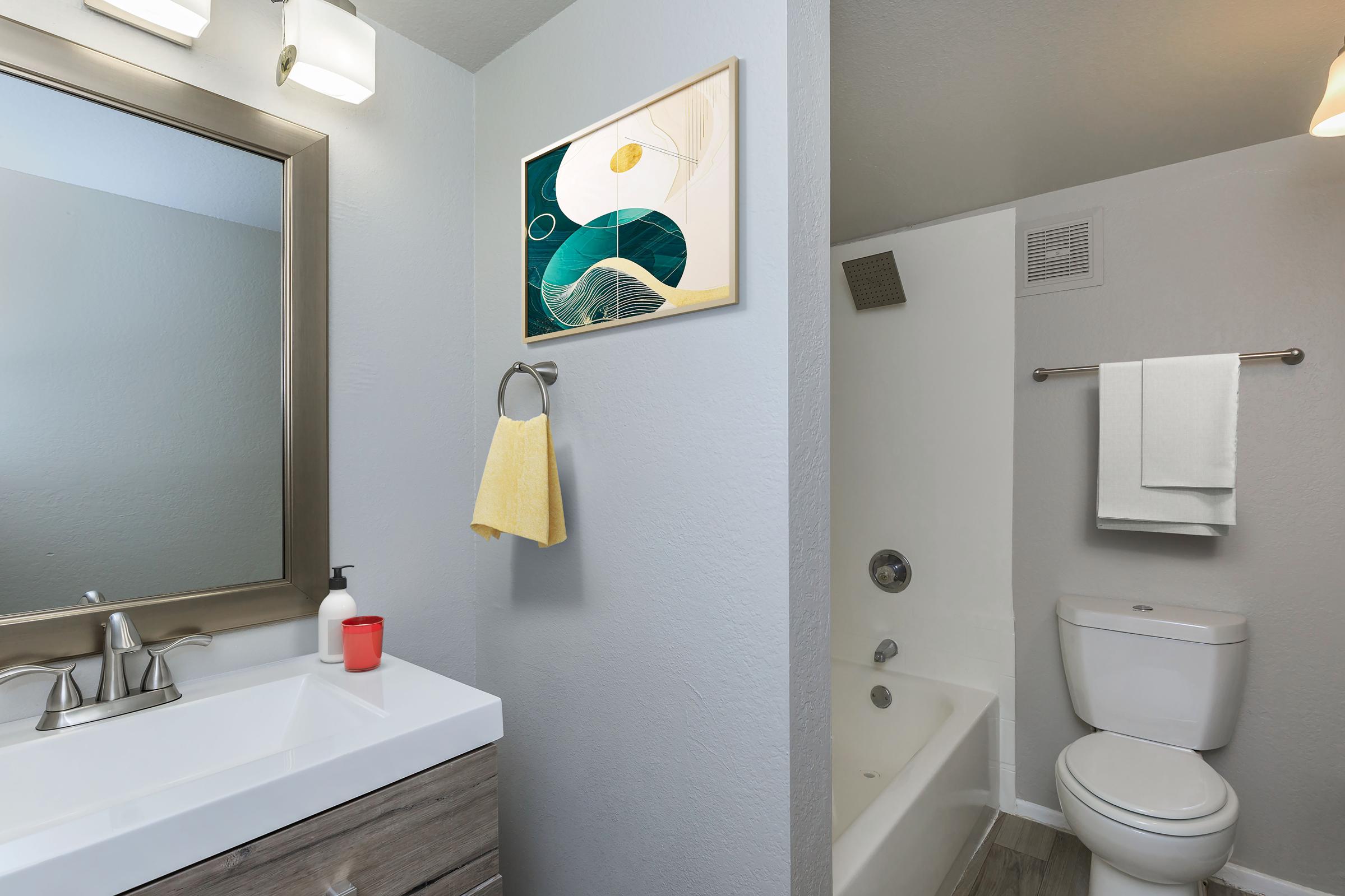 A modern bathroom featuring a double sink vanity with a large mirror, a framed abstract art piece on the wall, a shower/tub combo on the right, and a toilet. A yellow towel hangs from a towel rack, and a red soap dispenser is on the counter, creating a clean and stylish appearance.