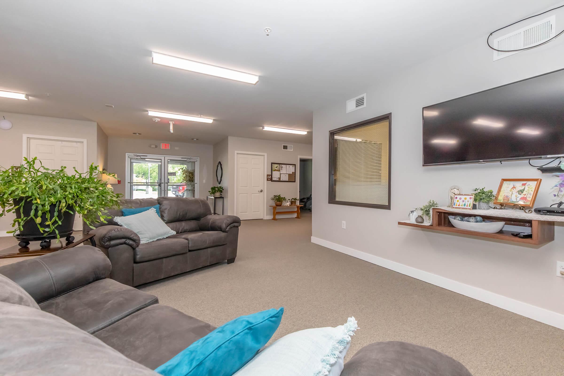 A cozy lounge area featuring a dark gray couch with a blue cushion, a wall-mounted TV, and a decorative shelf. The room is well-lit with overhead lighting and has green plants, creating a welcoming atmosphere. A doorway leads to the outside, enhancing the openness of the space.