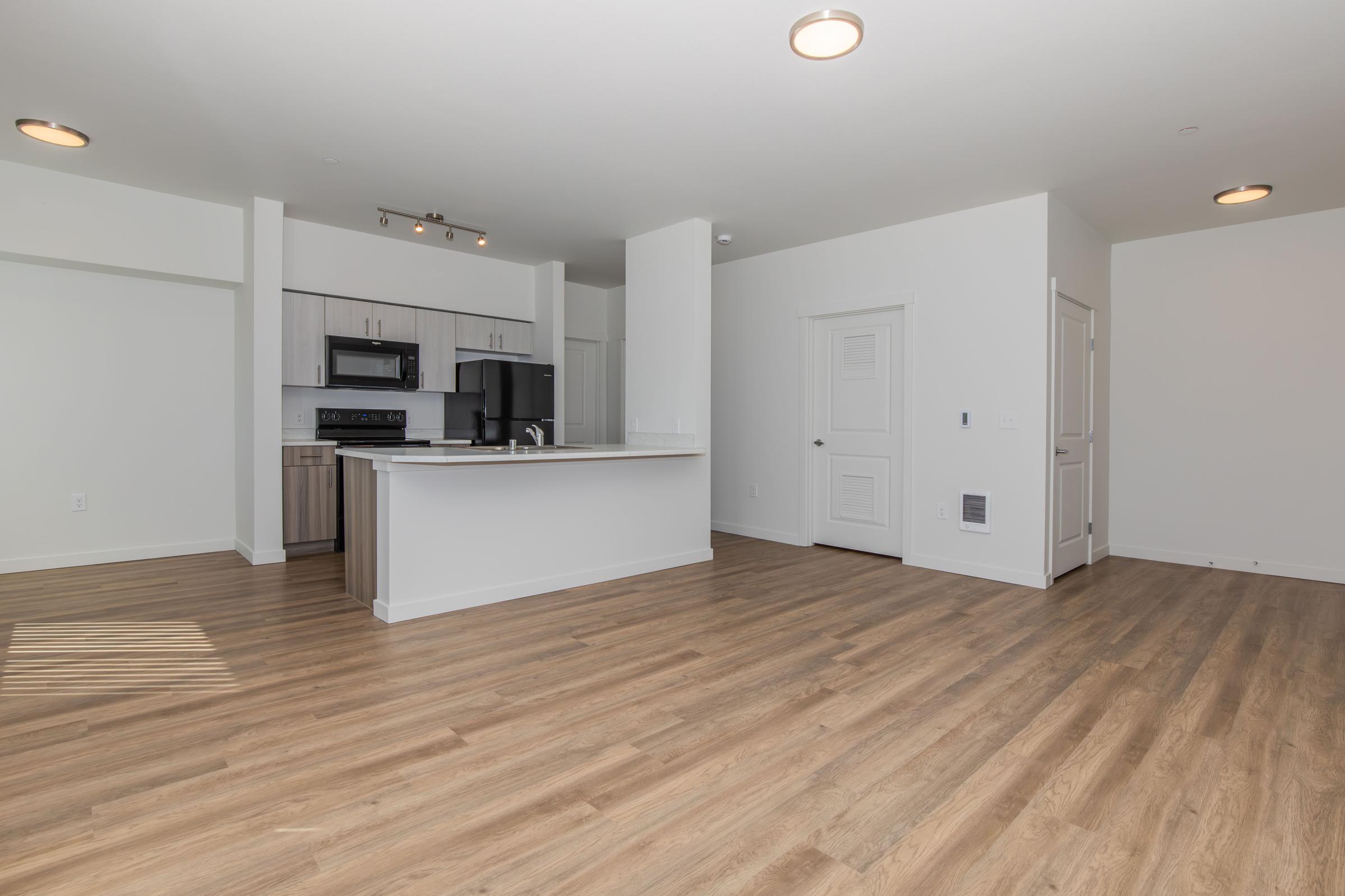 Modern apartment interior featuring an open floor plan. The space includes a kitchen with stainless steel appliances, a breakfast bar, and light wood flooring. Large windows allow for natural light. The living area is spacious and uncluttered, with doors leading to additional rooms and a closet.