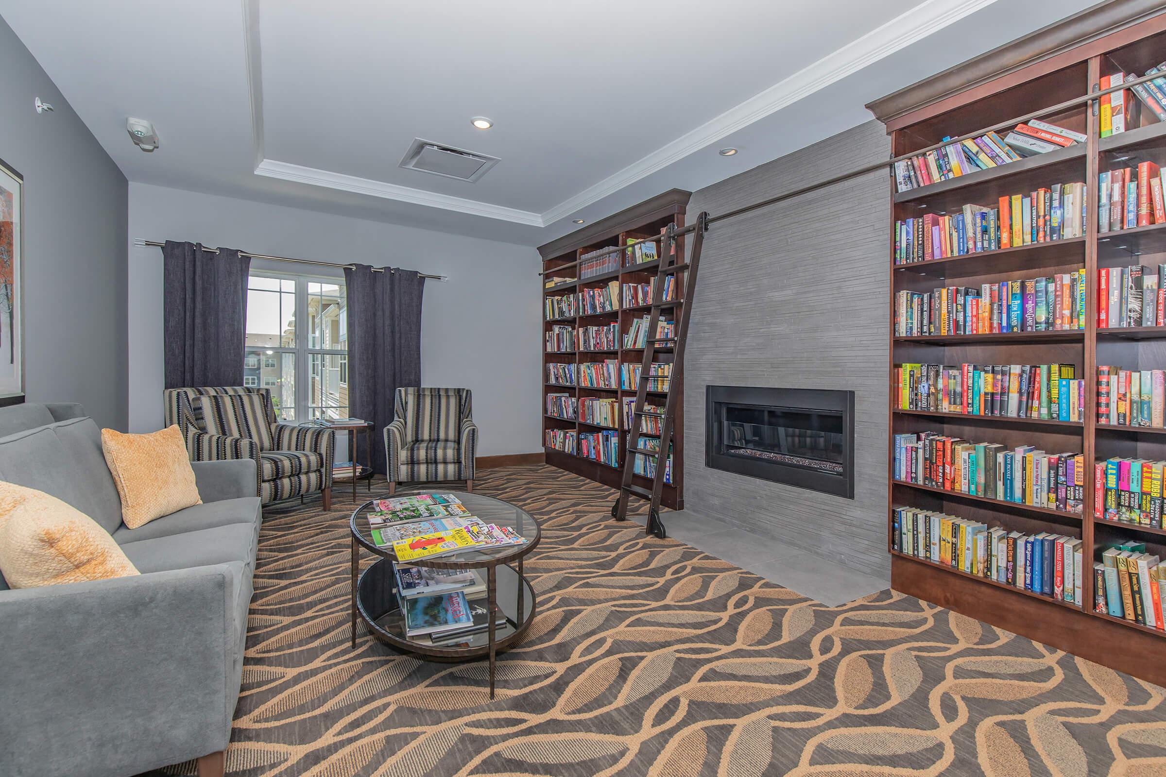 a living room filled with furniture and a book shelf