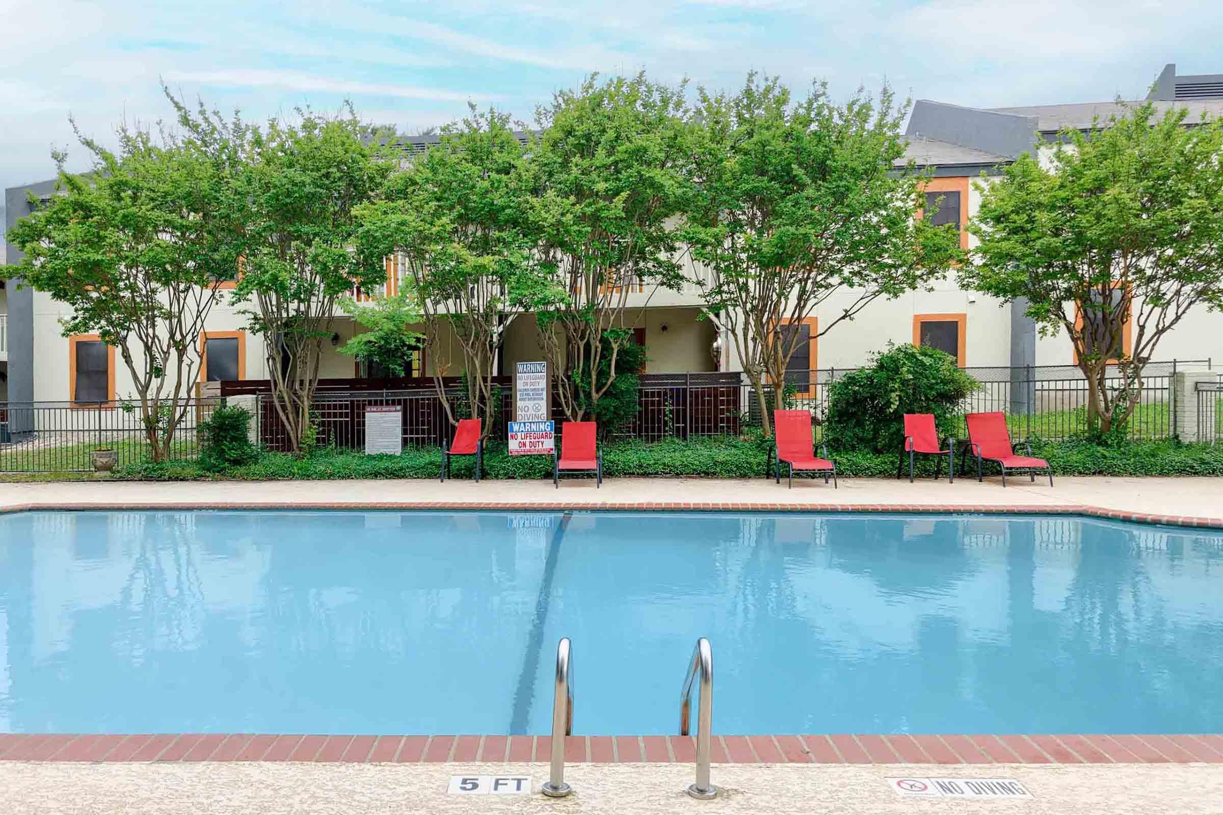 a pool of water in front of a building