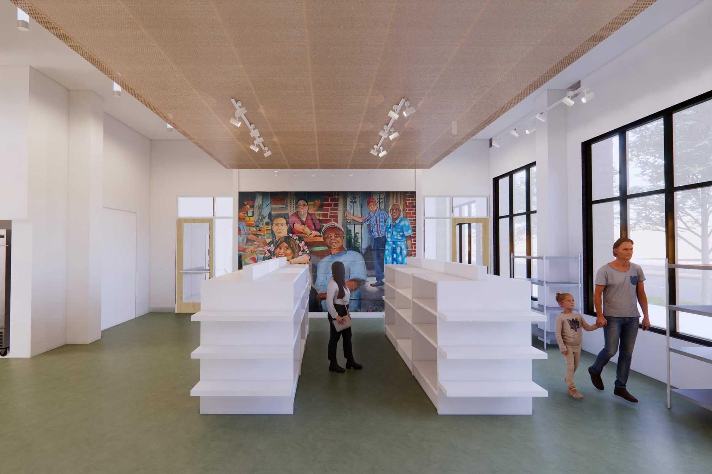 A modern retail space featuring white shelving units, large windows, and a colorful mural depicting people. Two individuals, one adult and one child, are walking through the store, while another adult is browsing. The bright, open layout is complemented by a warm, natural-themed ceiling design.