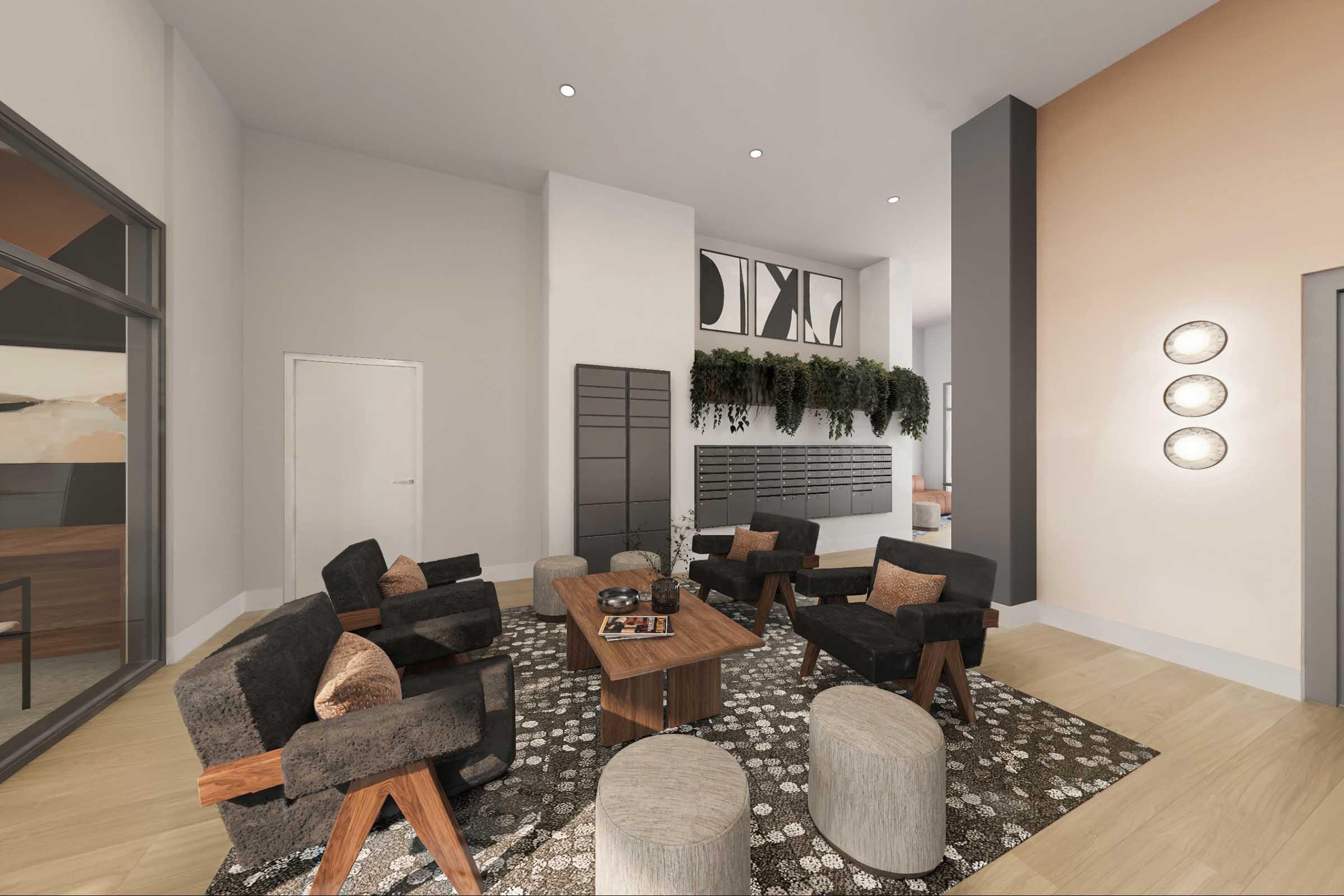 A modern living area featuring a cozy seating arrangement with dark upholstered chairs and a wooden coffee table. Pillows add comfort, and a patterned rug enhances the decor. A wall with decorative plants and stylish wall art creates a welcoming atmosphere, while soft lighting fixtures accent the space.