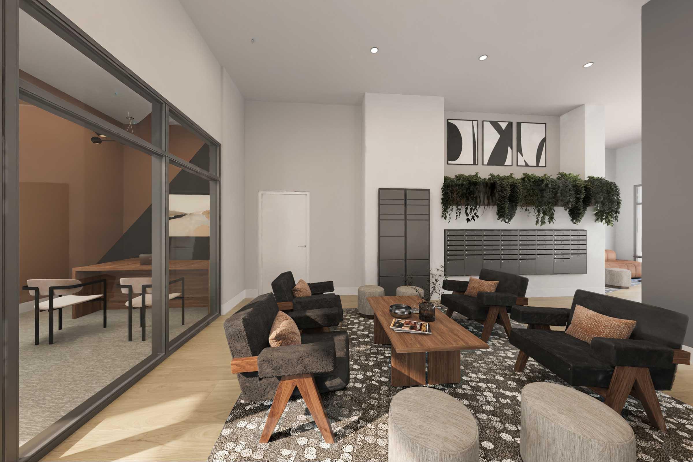 A modern lounge area with comfortable seating, including black armchairs and round stools, arranged around a wooden coffee table. The space features large windows, a wall with greenery, and decorative elements. A separate meeting area is visible in the background, showcasing a minimalist design.