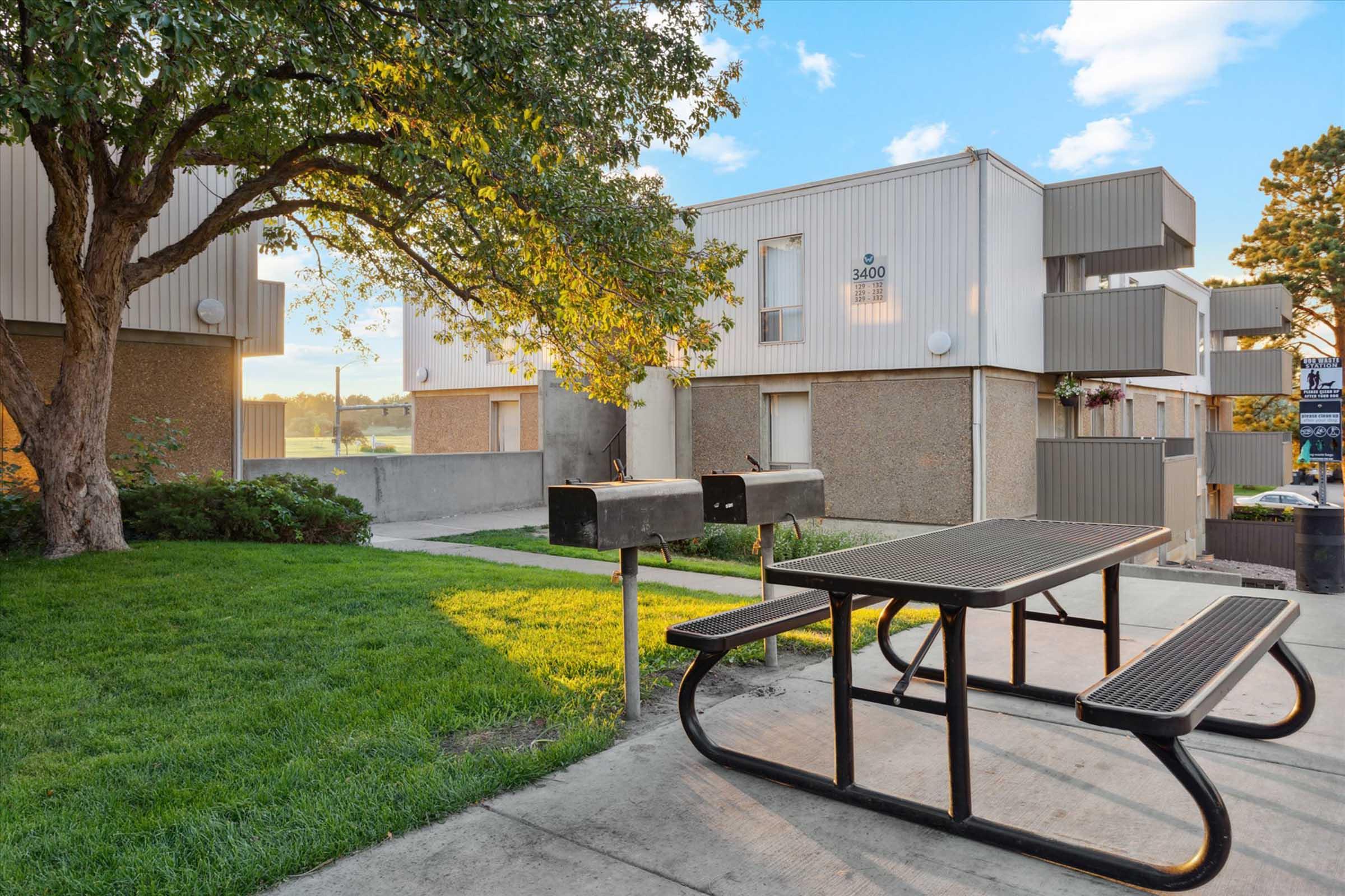 A sunny outdoor area featuring a picnic table and two charcoal grills on a concrete path. In the background, there are residential buildings adorned with light-colored siding, and a tree providing shade. The scene is well-manicured with green grass and a clear blue sky.