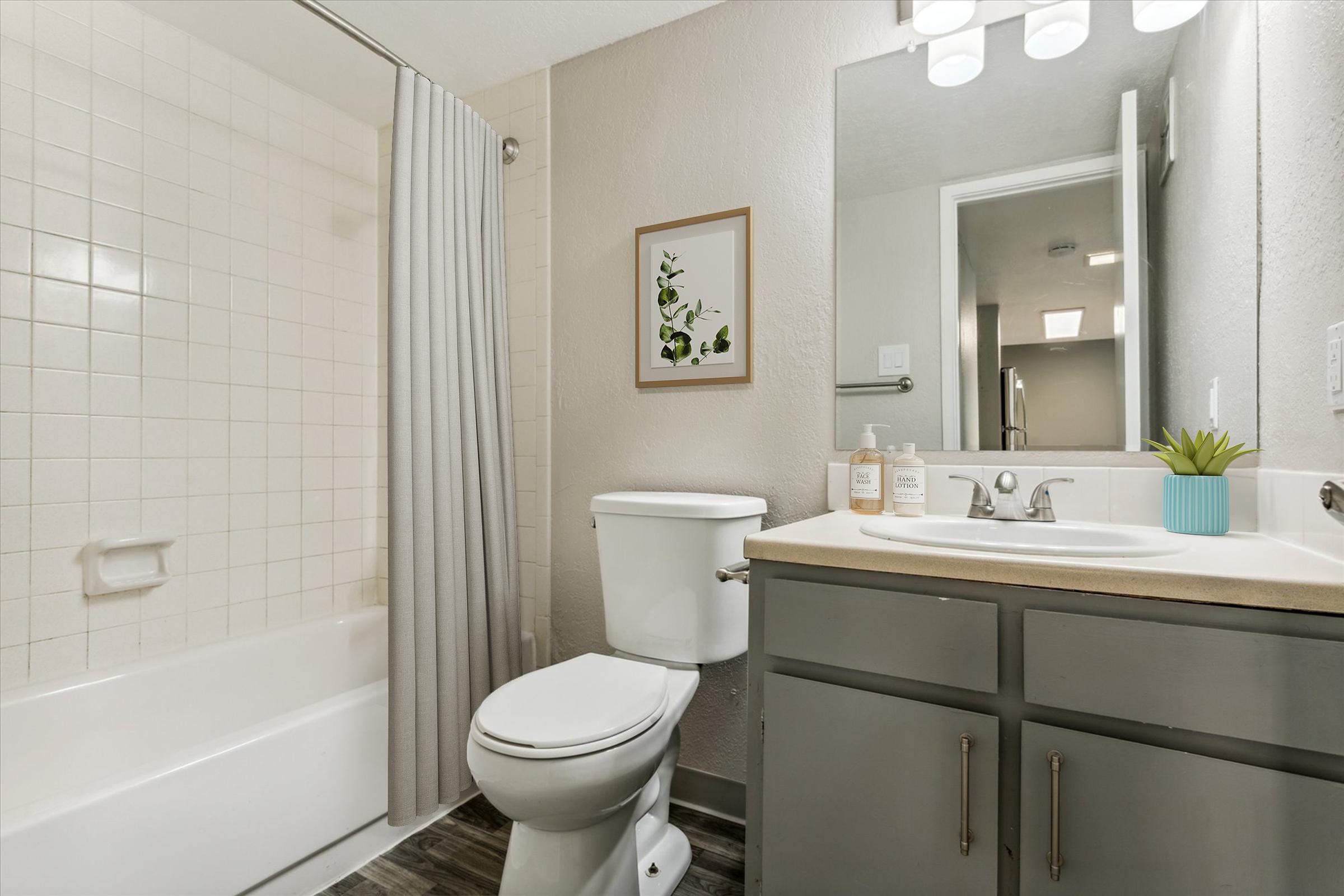 A modern bathroom featuring a white bathtub with a shower curtain, a toilet, and a sleek sink with a gray cabinet. There’s a small framed plant print on the wall and a potted plant on the countertop, contributing to a clean and fresh atmosphere. Natural light enters from a door in the background.