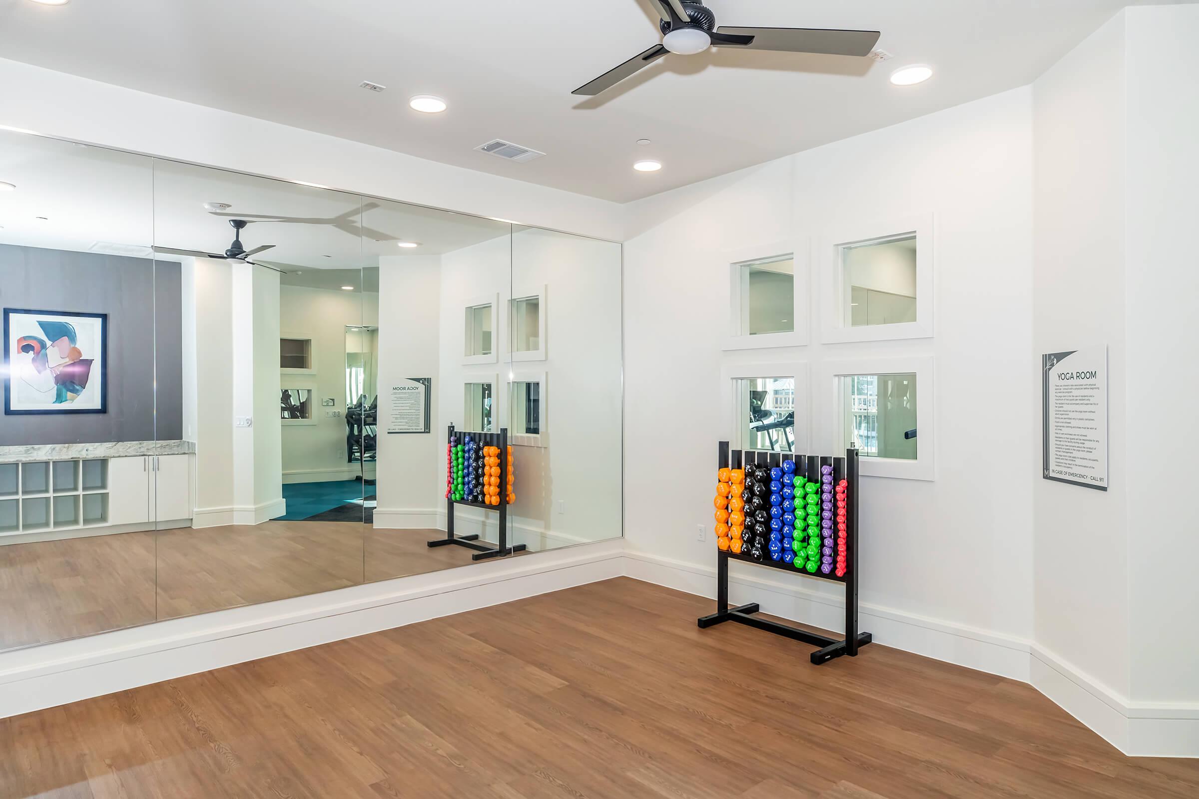 A spacious fitness room featuring large mirrors, a ceiling fan, and a colorful rack of exercise balls in various colors. The room has natural light from windows and is designed for fitness activities, with a modern and clean aesthetic.