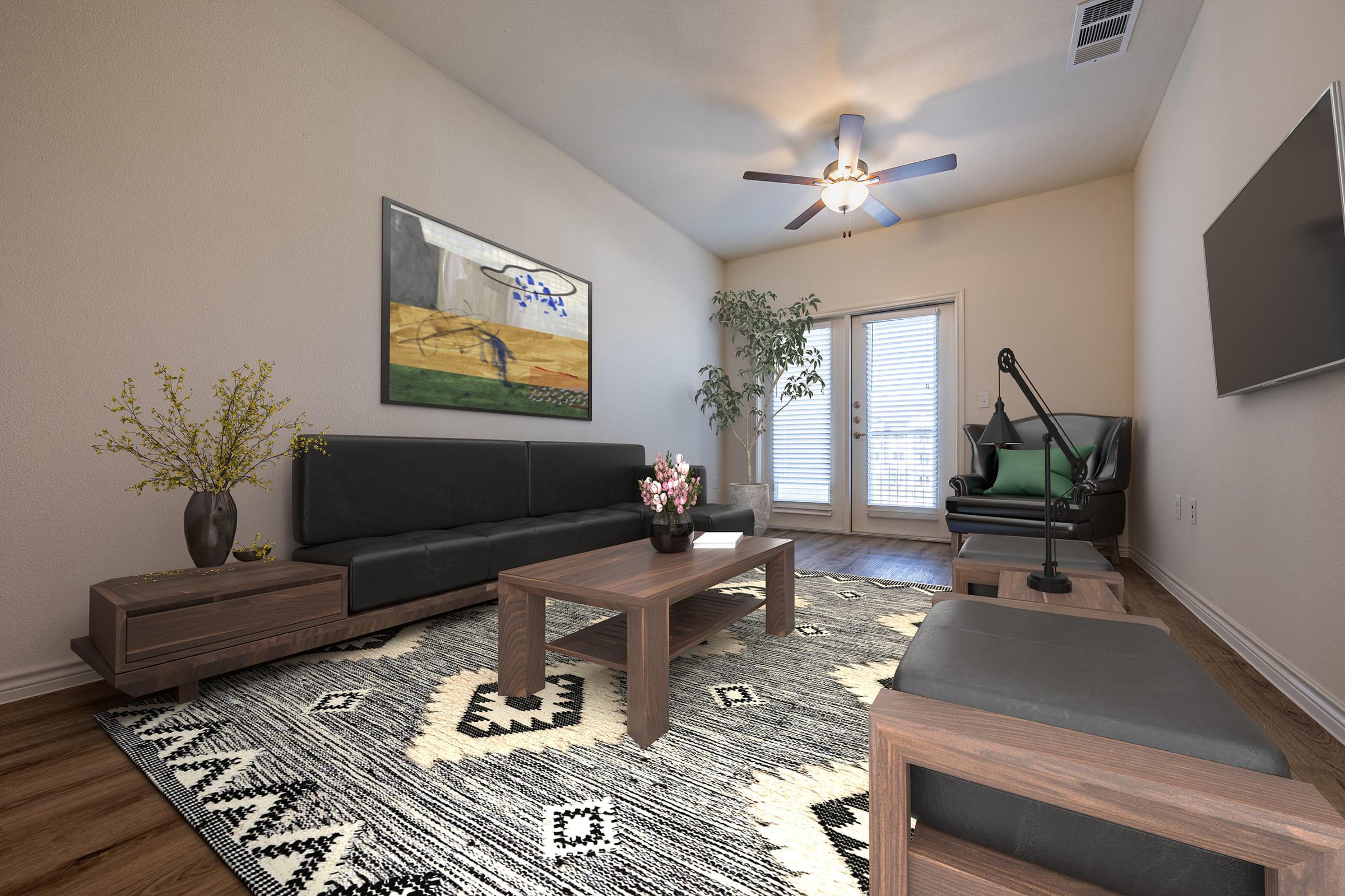 A cozy living room featuring a modern design. It has a black leather couch, a wooden coffee table, and a patterned area rug. A large window provides natural light, and there's a plant in the corner. The walls are a neutral color, and there's a painting on one wall along with a flat-screen TV and a comfortable armchair.