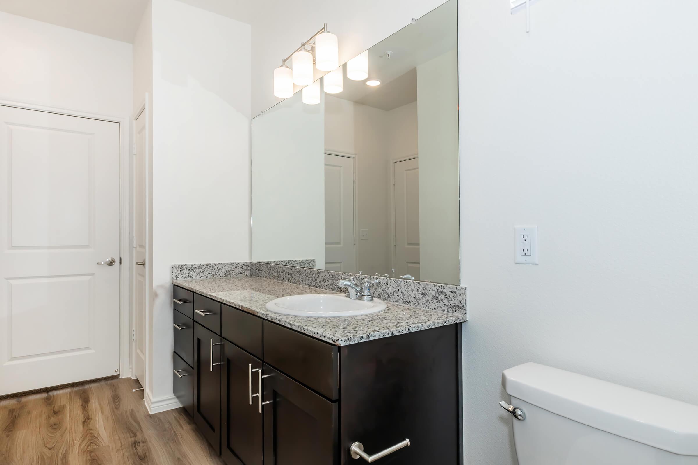 A modern bathroom featuring a sleek dark cabinet with a granite countertop, a circular sink, a large wall mirror, and three light fixtures. The flooring is wood-like, and a white toilet is visible to the right. A closed door can be seen in the background, adding to the contemporary design.