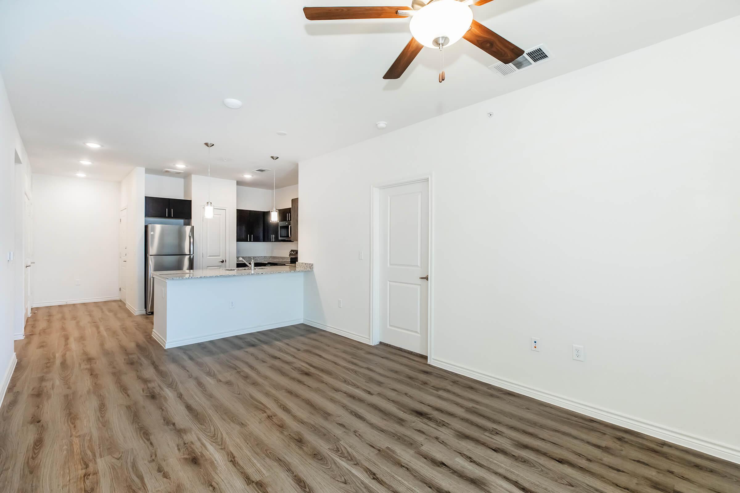 An interior view of a modern open-concept living space featuring light-colored walls and wood laminate flooring. To the left, there is a kitchen with dark cabinetry and stainless steel appliances. A ceiling fan hangs above the main area. A closed door leads to another room. The space is well-lit and appears spacious.