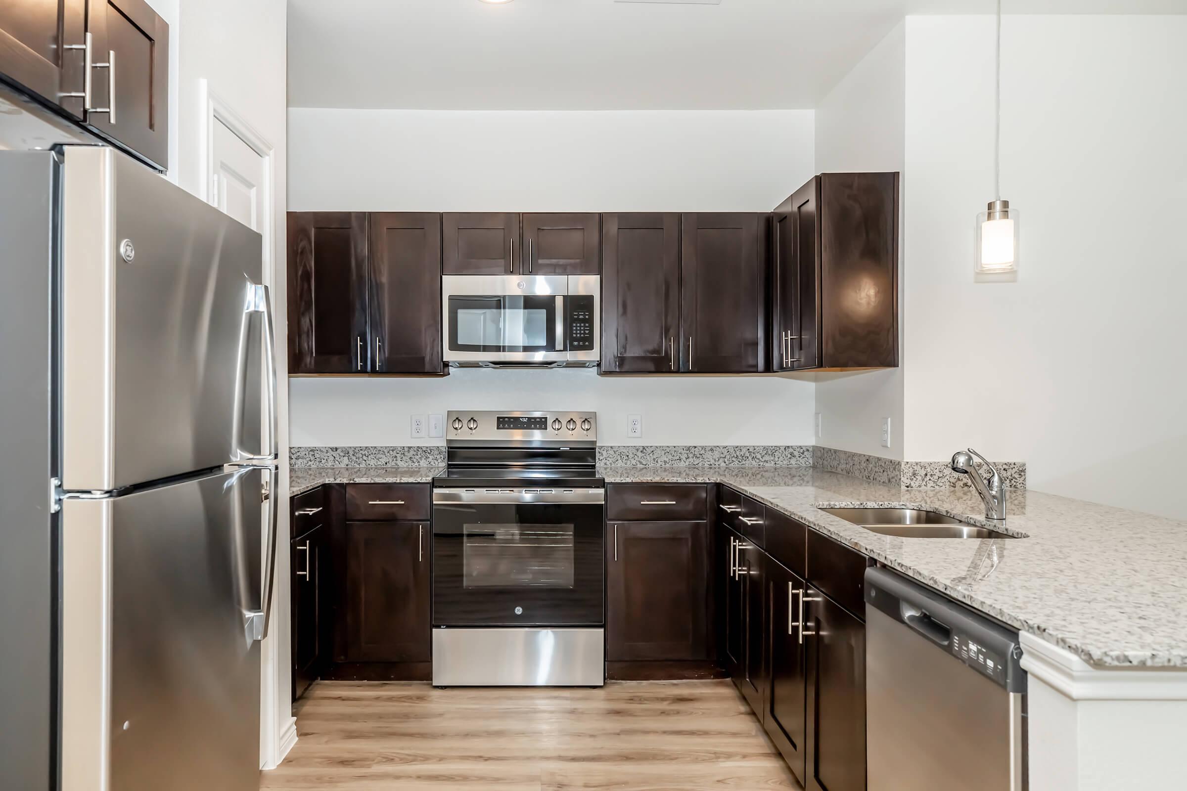Modern kitchen featuring dark wood cabinets, stainless steel appliances, granite countertops, and a single-basin sink. The space includes a refrigerator, microwave, oven, and dishwasher, with pendant lighting above the counter, showcasing a clean and contemporary design.