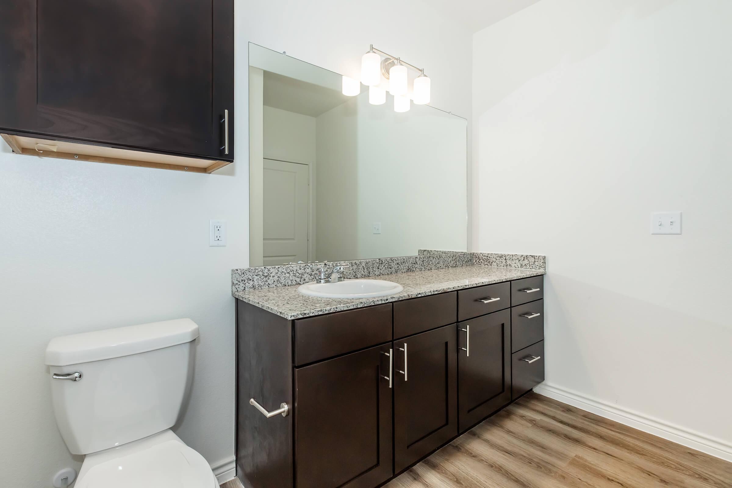 Modern bathroom featuring a granite countertop with a sink, dark wooden cabinetry, a large mirror, and a light fixture above. The space includes a white toilet and has a neutral-colored wall and floor, creating a clean and stylish look.
